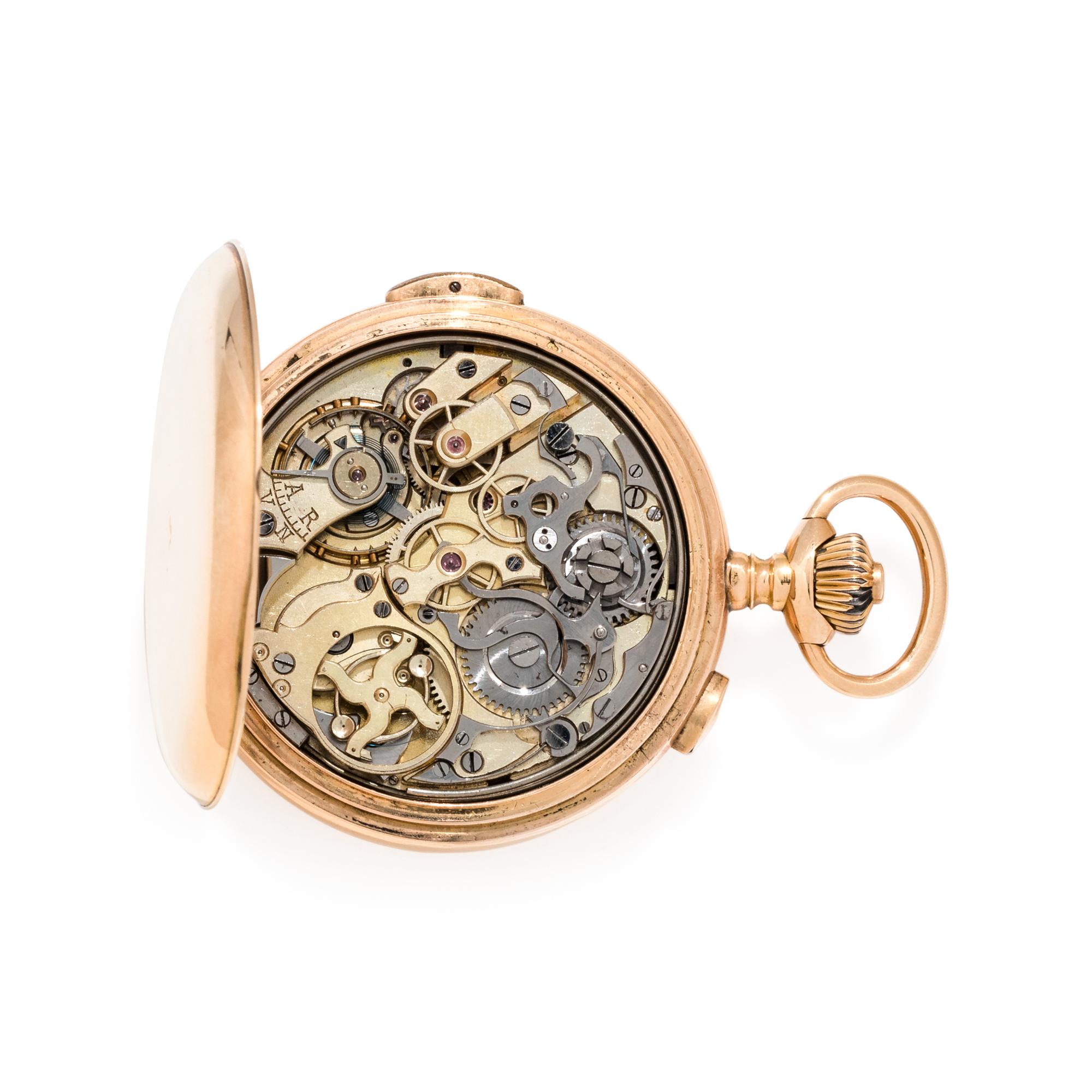 18K YELLOW GOLD CHRONOGRAPH HUNTER CASE POCKET WATCH
