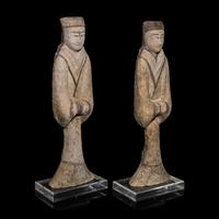 A Pair of Chinese Painted Pottery Figures of Attendants, Han Dynasty — 漢 陶加彩侍女俑一對