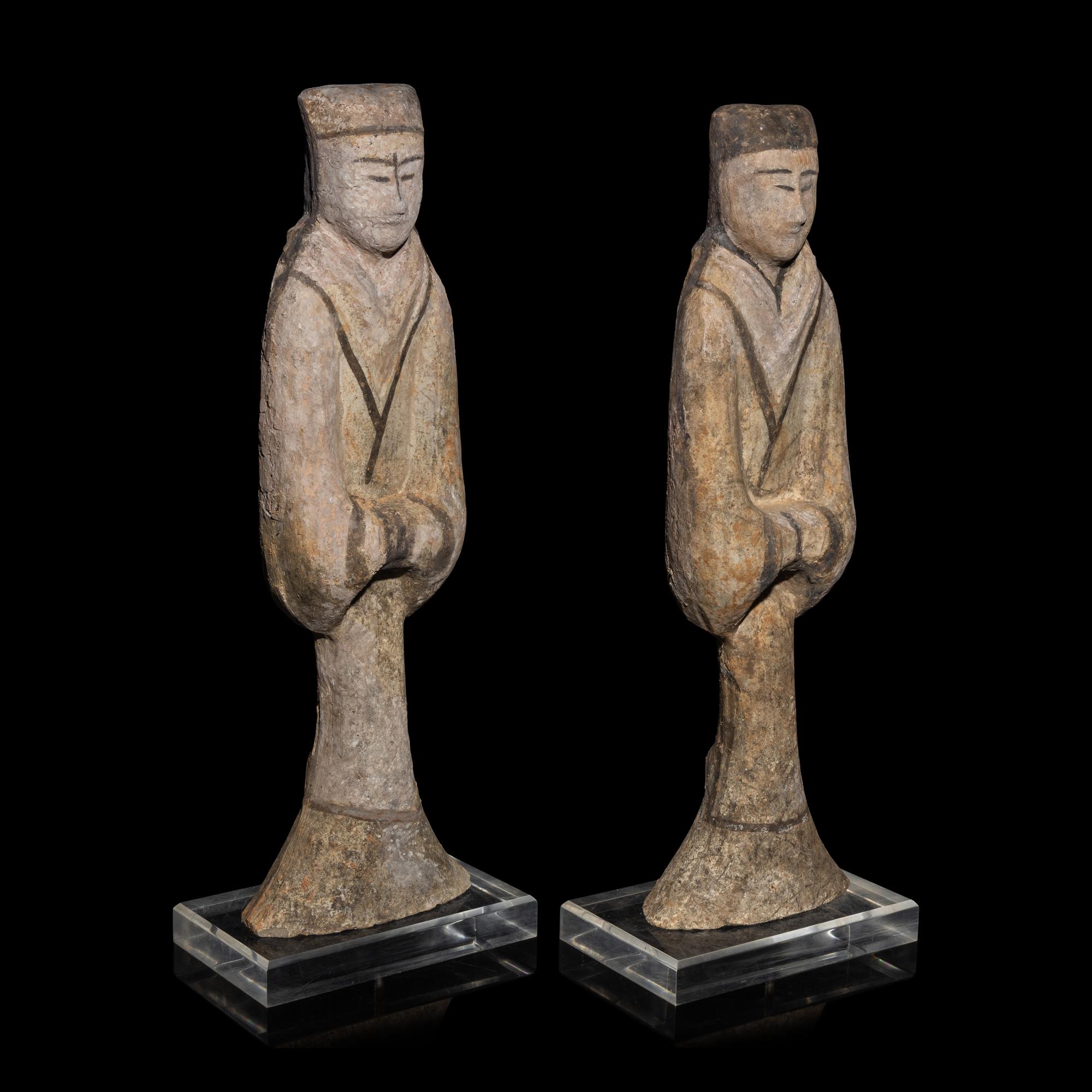 A Pair of Chinese Painted Pottery Figures of Attendants, Han Dynasty — 漢 陶加彩侍女俑一對