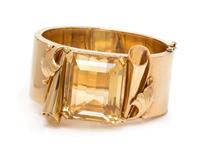 A Retro Yellow Gold and Citrine Bangle Bracelet, 56.60 dwts.