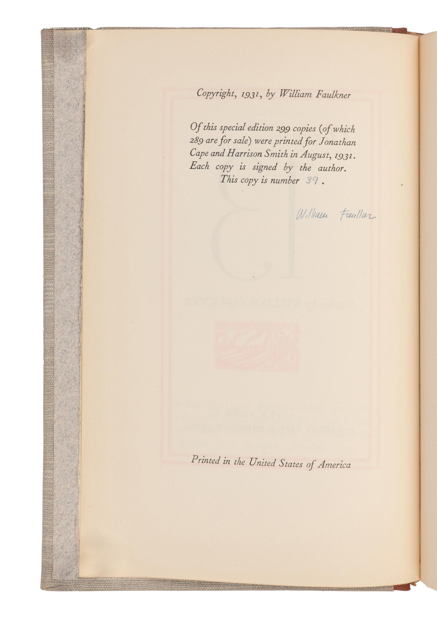 FAULKNER, William (1897-1962). These 13 . New York: Jonathan Cape & Harrison Smith, 1931.