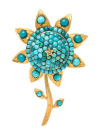 A Gold, Silver, Turquoise and Diamond Flower Brooch, 13.40 dwts.