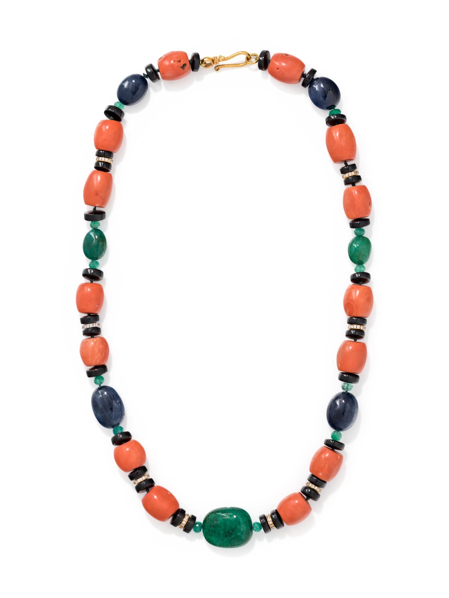 CORAL, EMERALD, ONYX AND DIAMOND BEAD NECKLACE