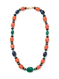 CORAL, EMERALD, ONYX AND DIAMOND BEAD NECKLACE