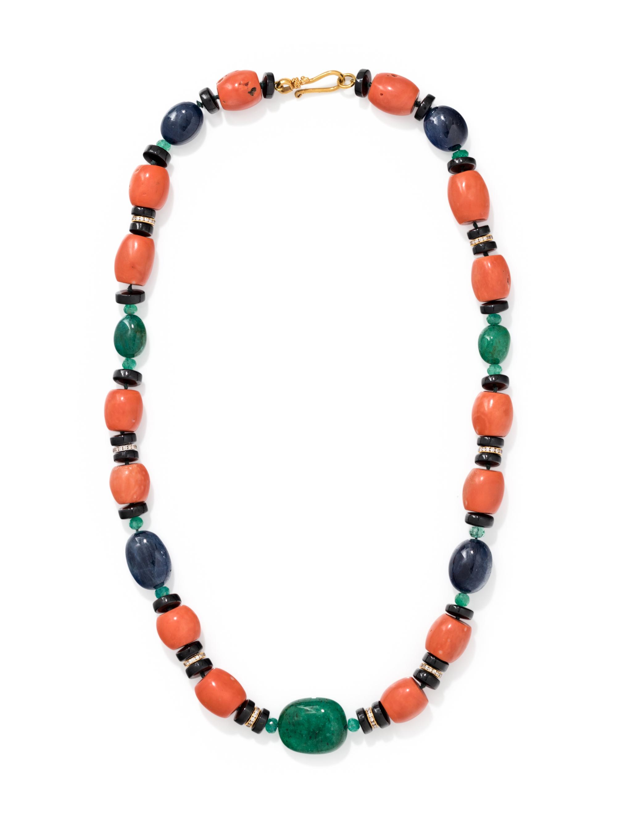 CORAL, EMERALD, ONYX AND DIAMOND BEAD NECKLACE