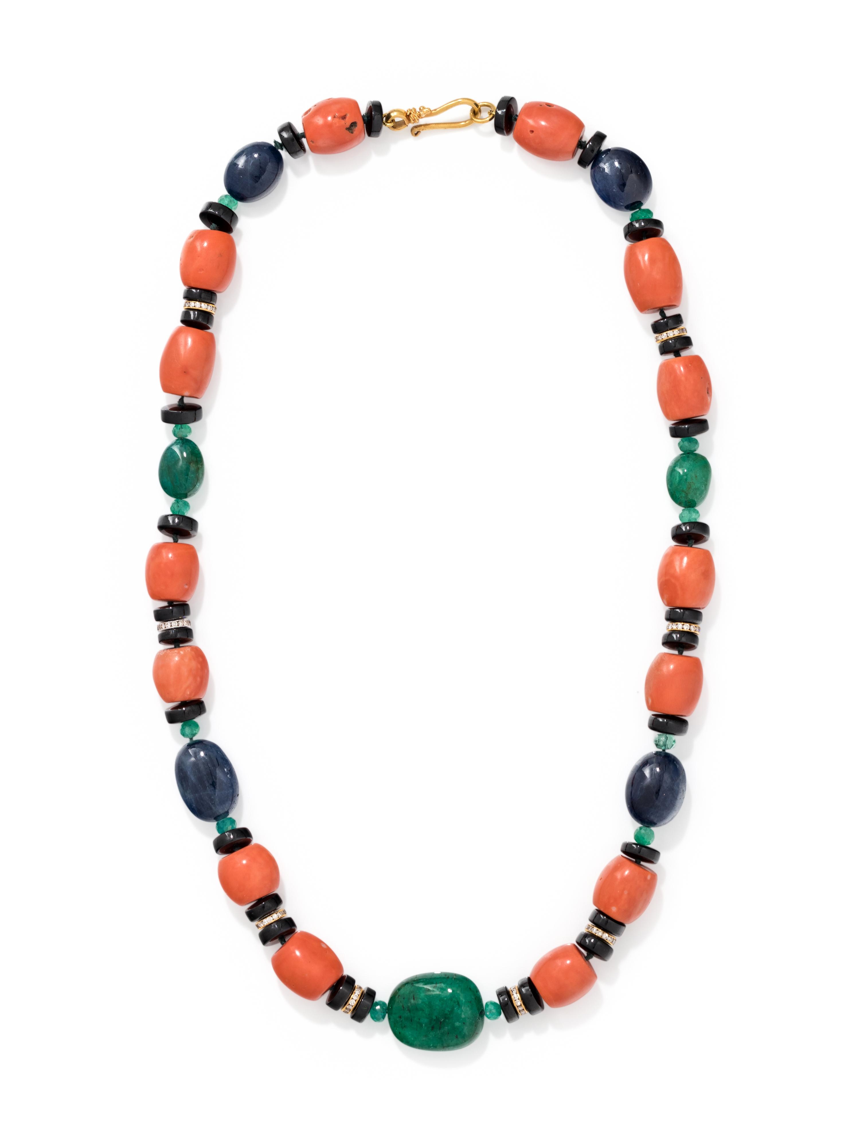CORAL, EMERALD, ONYX AND DIAMOND BEAD NECKLACE
