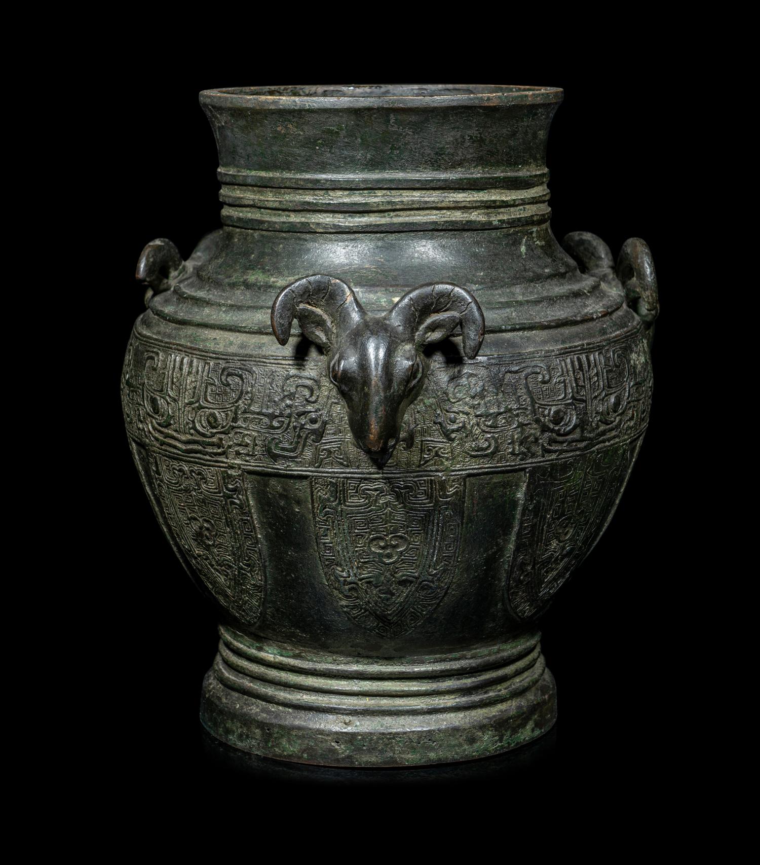 A Chinese Archaistic Bronze 'Three Rams' Hu Vessel