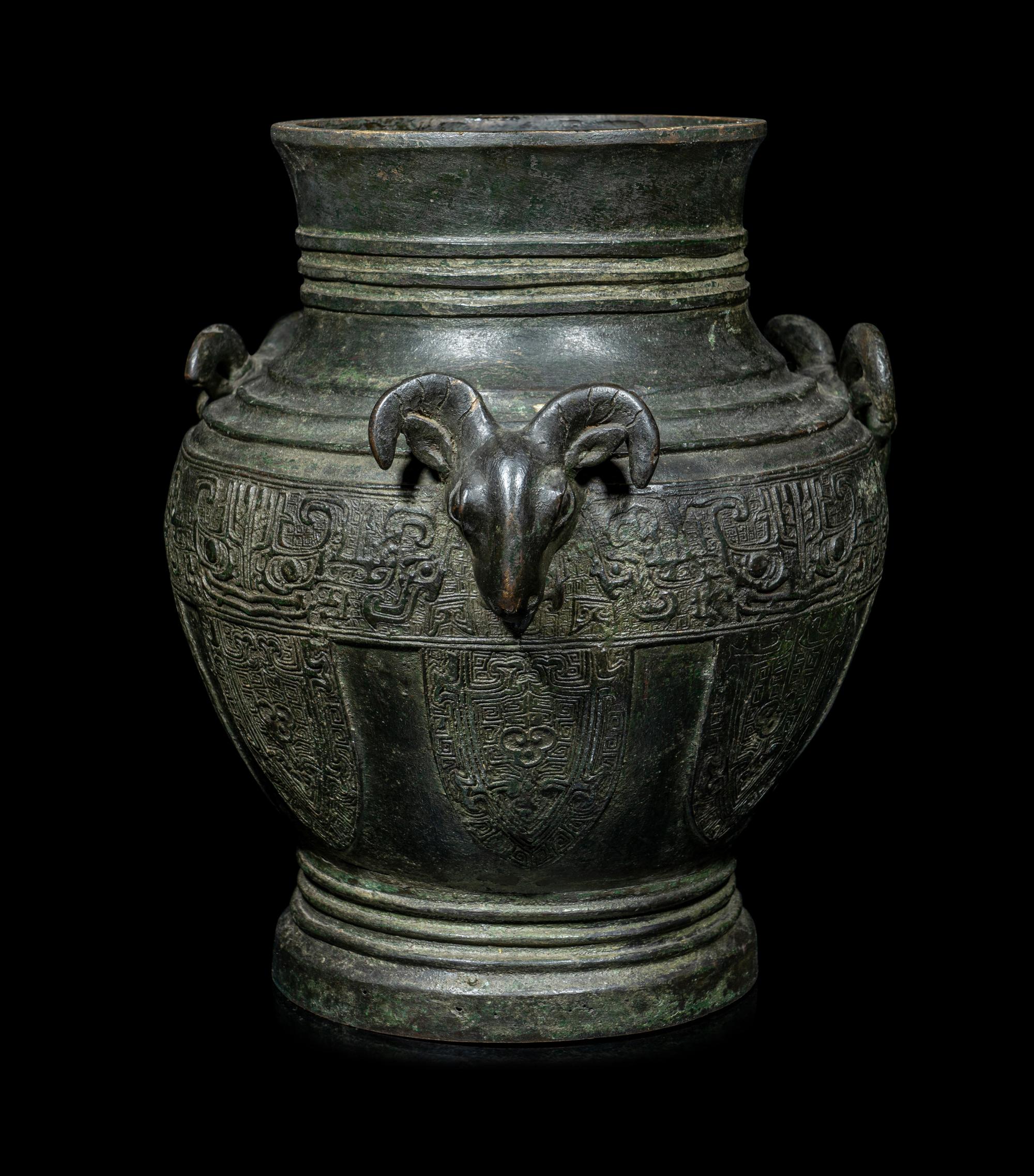 A Chinese Archaistic Bronze 'Three Rams' Hu Vessel