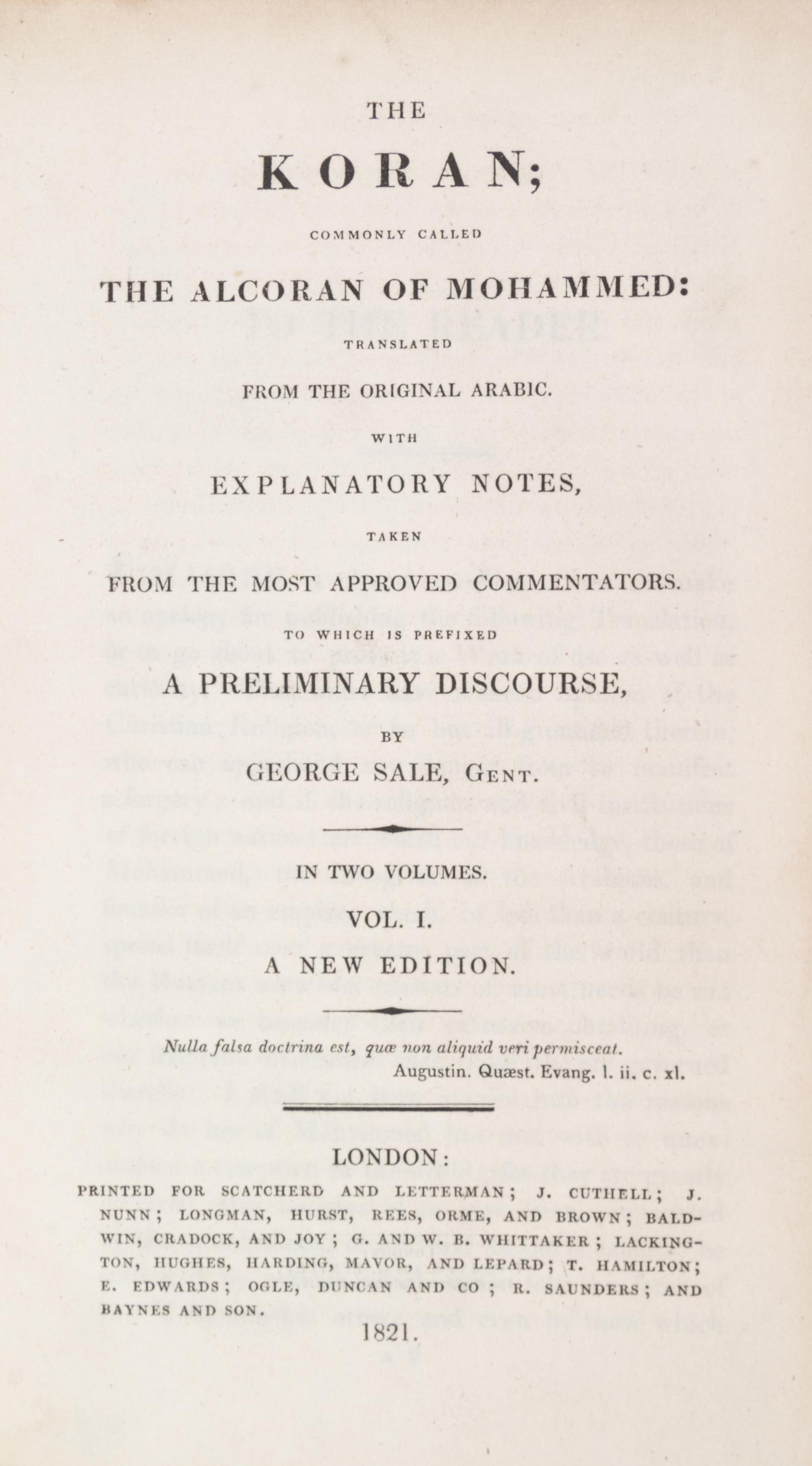 SALE, GEORGE. The Koran... London, 1821. 2 vols. Bound by Zaehnsdorf. New Edition.