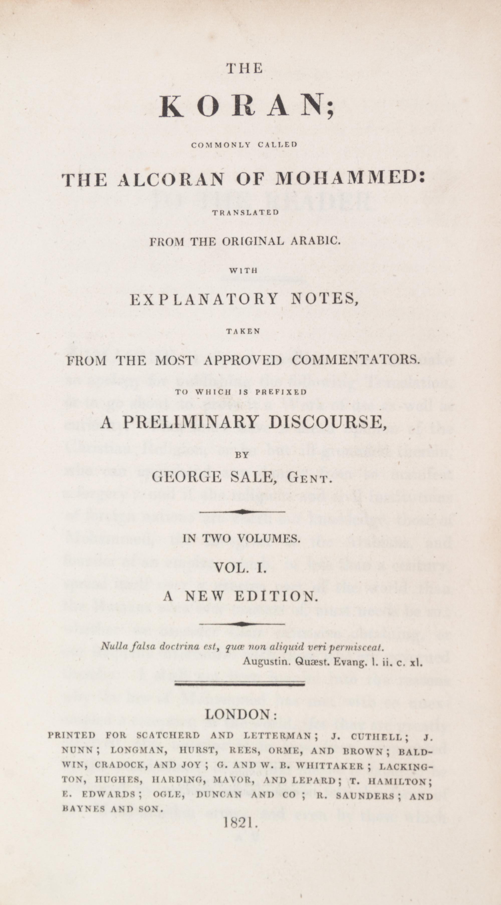 SALE, GEORGE. The Koran... London, 1821. 2 vols. Bound by Zaehnsdorf. New Edition.
