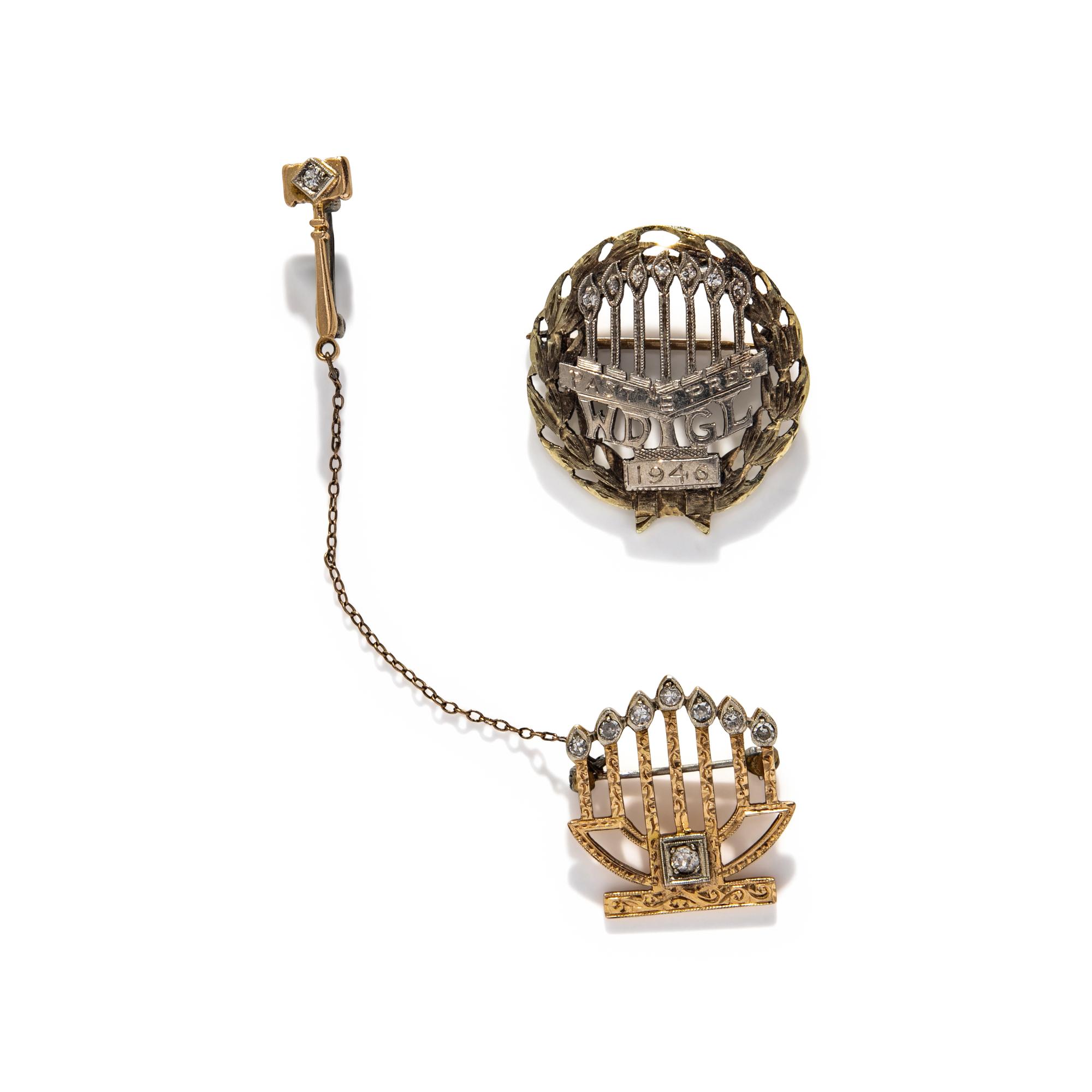 TWO GOLD AND DIAMOND MENORAH PINS