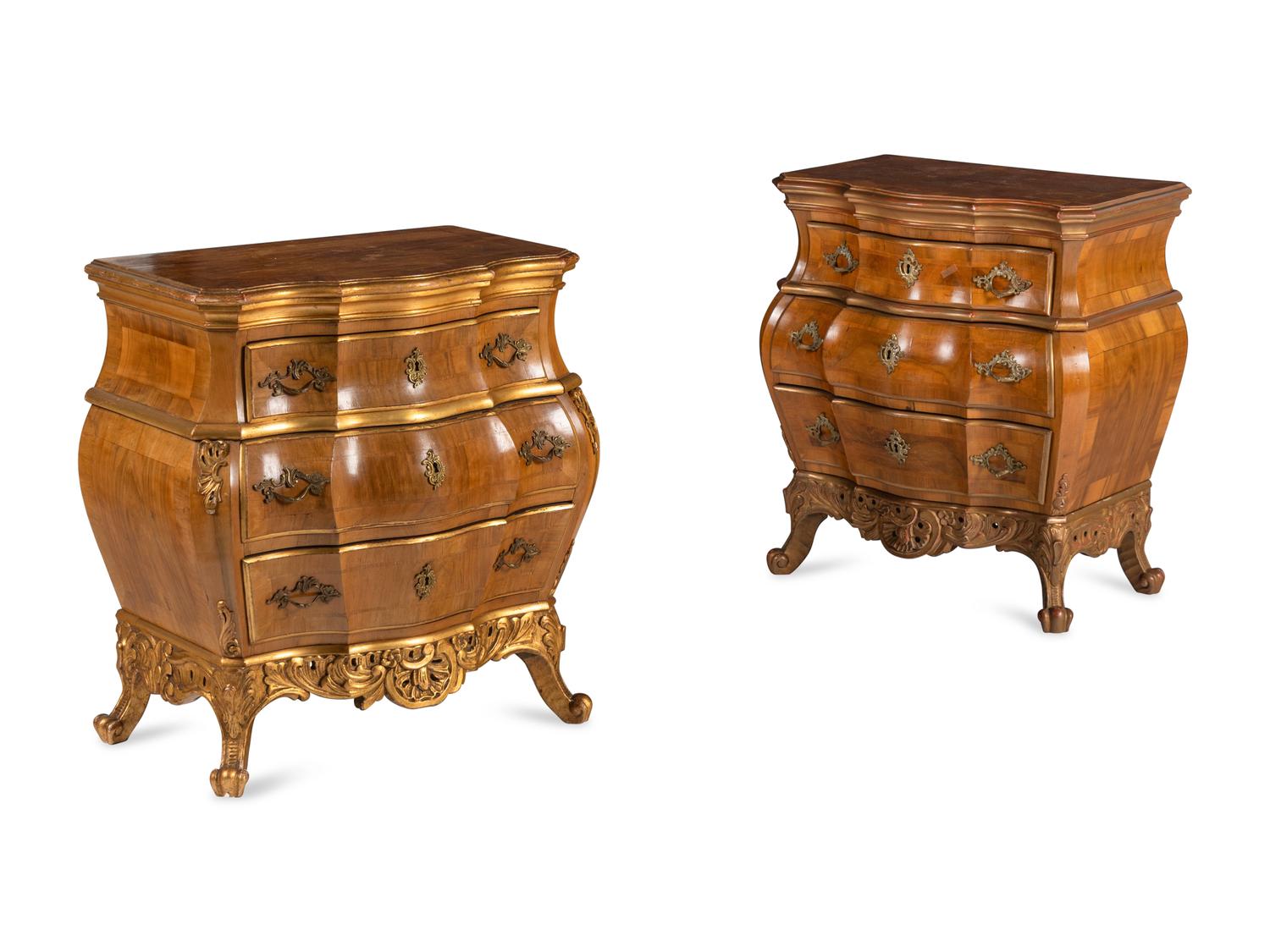 A Pair of Italian Walnut and Parcel Gilt Commodini