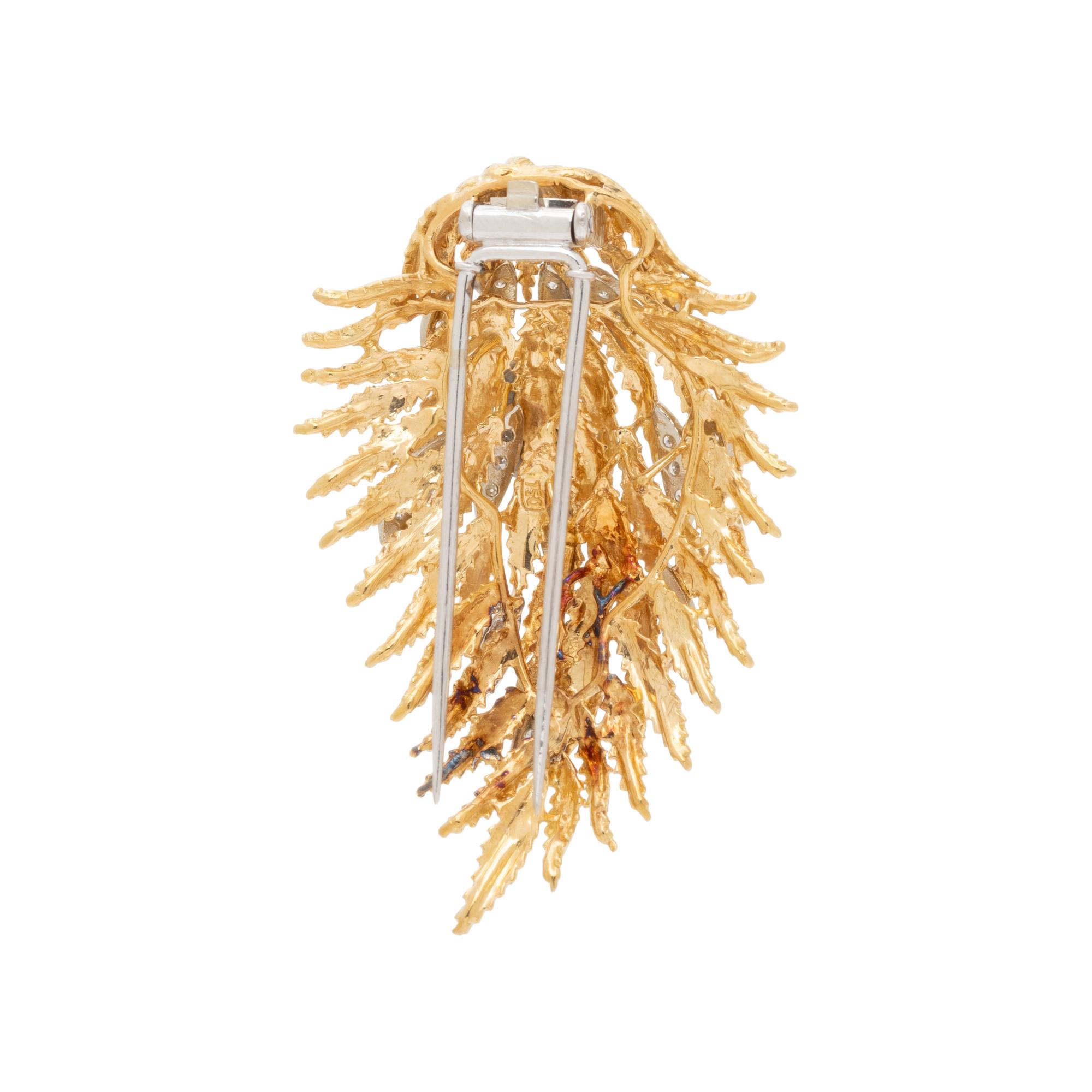 YELLOW GOLD AND DIAMOND FEATHER BROOCH