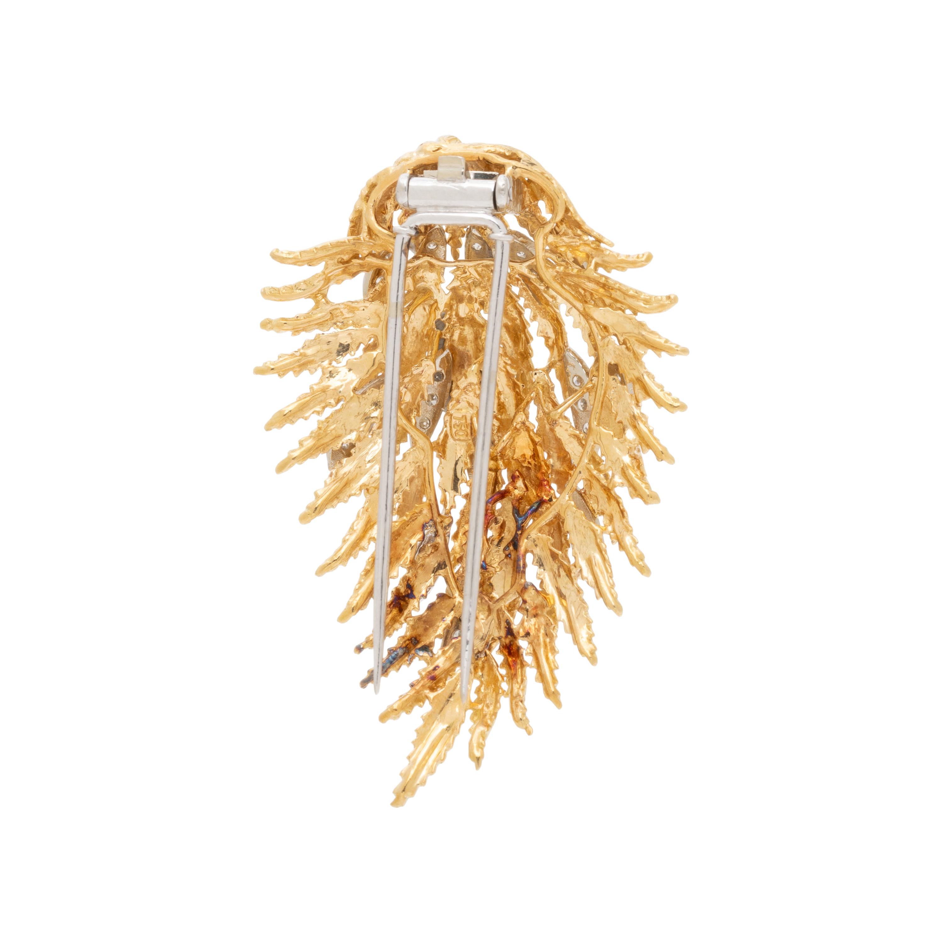 YELLOW GOLD AND DIAMOND FEATHER BROOCH