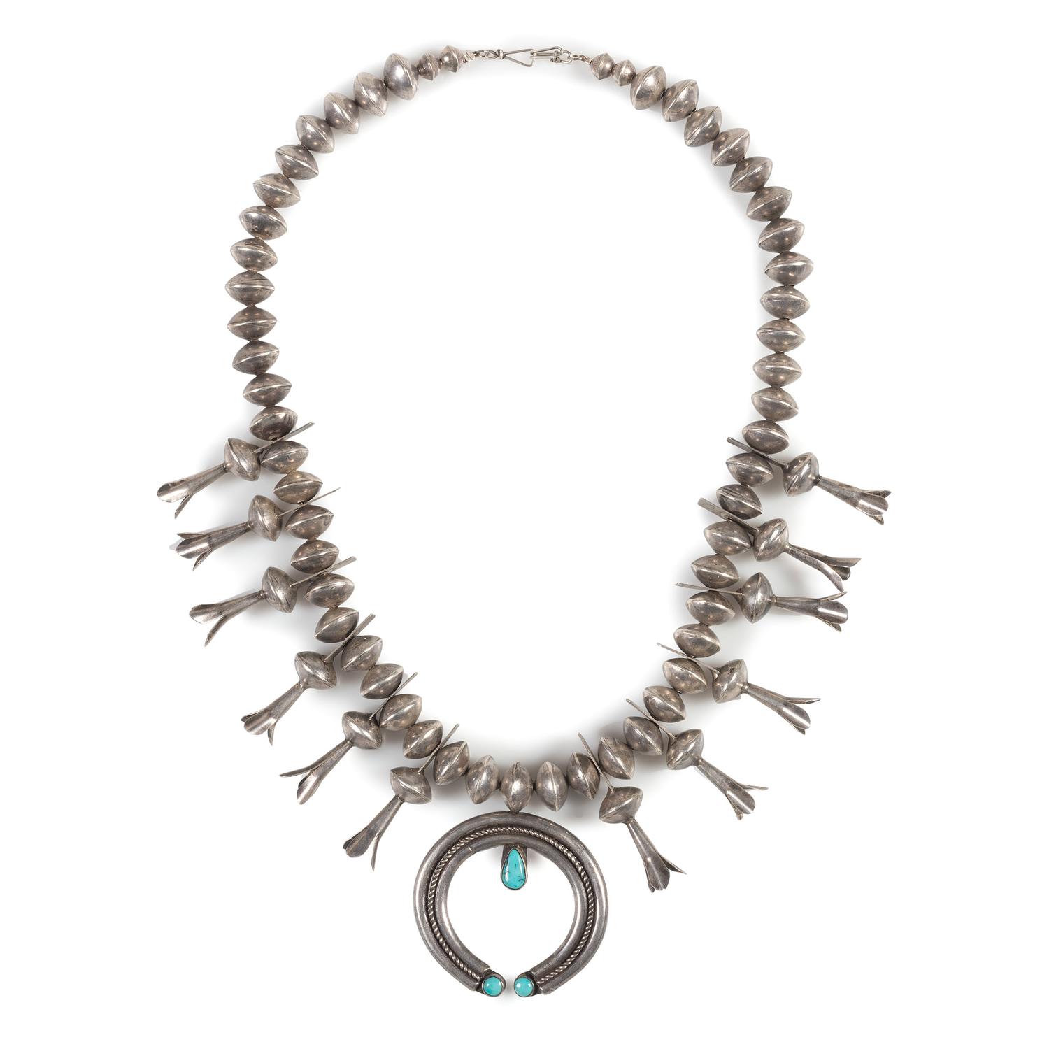 Navajo Silver and Turquoise Squash Blossom Necklace
