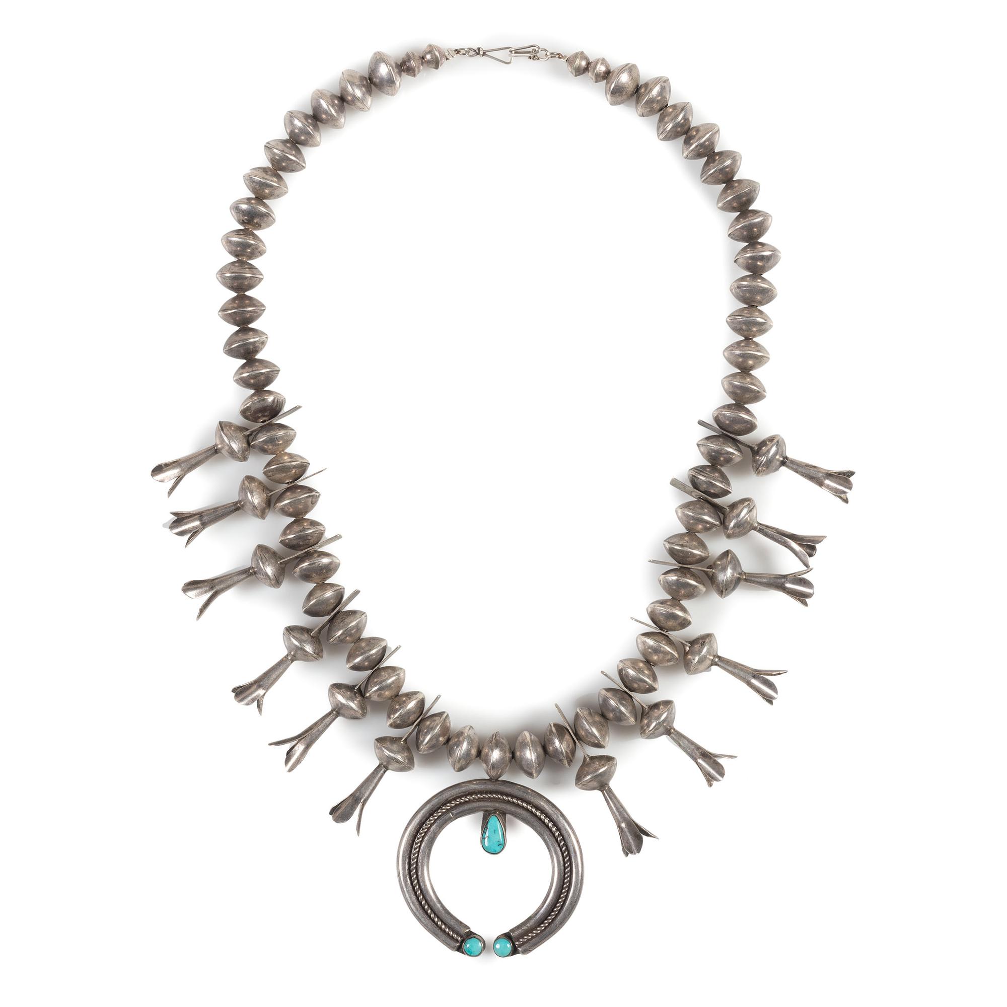 Navajo Silver and Turquoise Squash Blossom Necklace