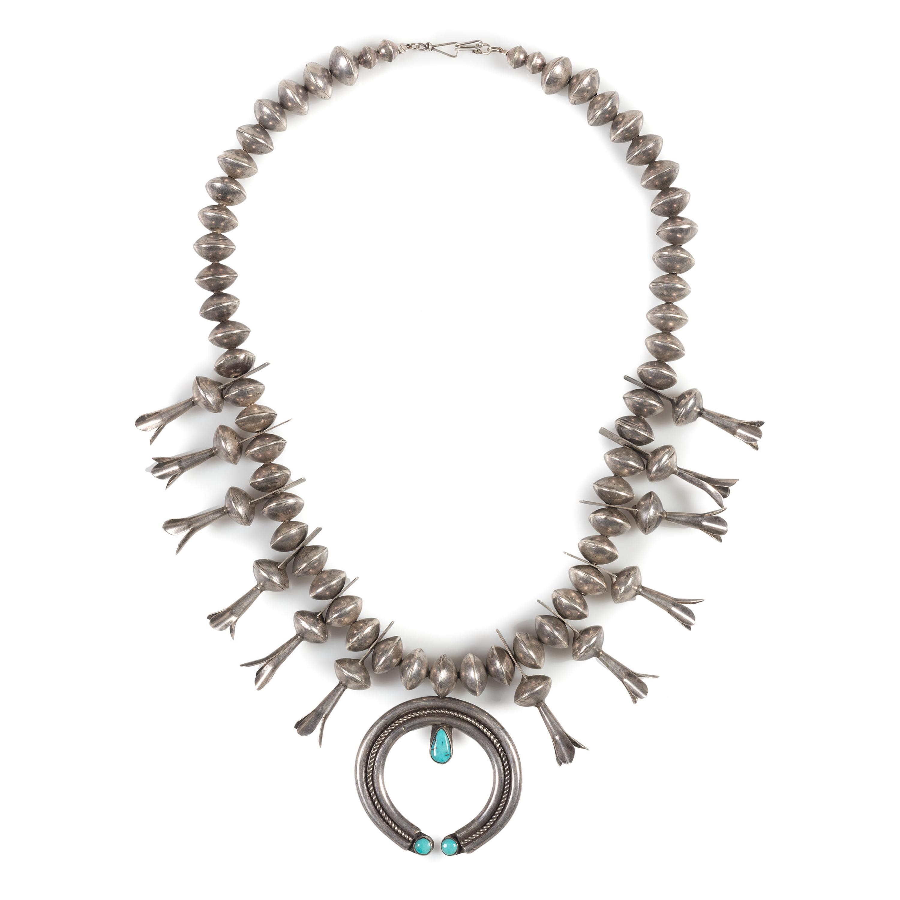 Navajo Silver and Turquoise Squash Blossom Necklace