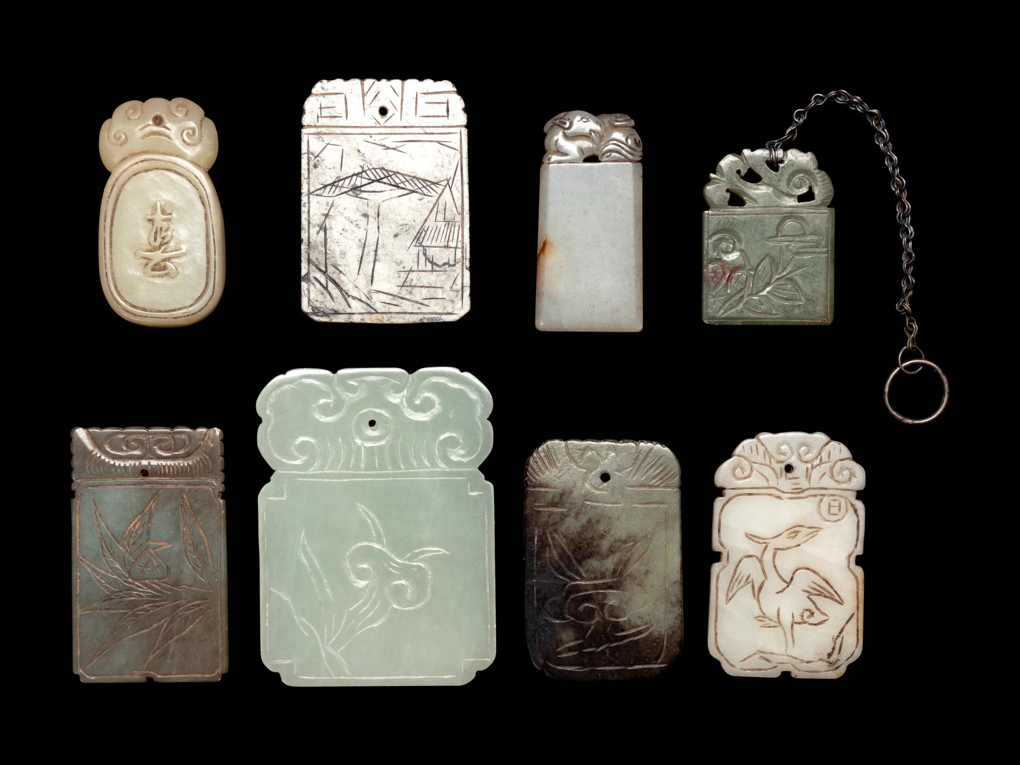Eight Chinese Celadon Jade Carved Plaques