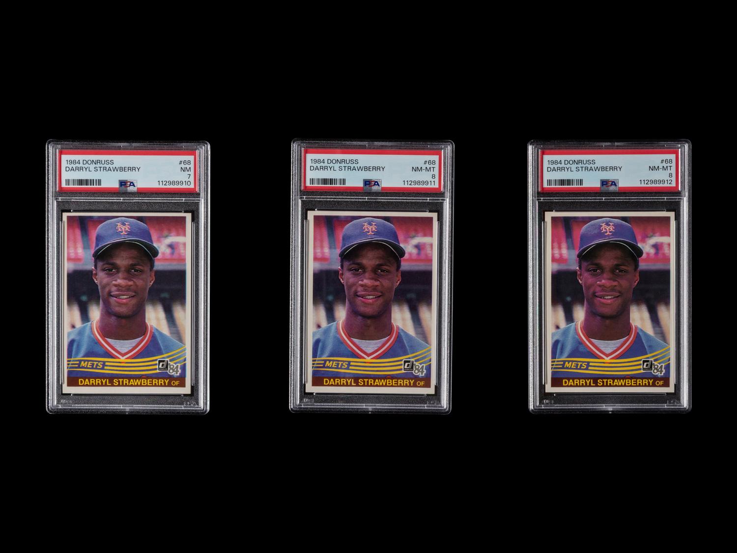 A Group of Three PSA Graded 1984 Donruss Darryl Strawberry Rookie Baseball Cards No. 68 (PSA 8, PSA 7)