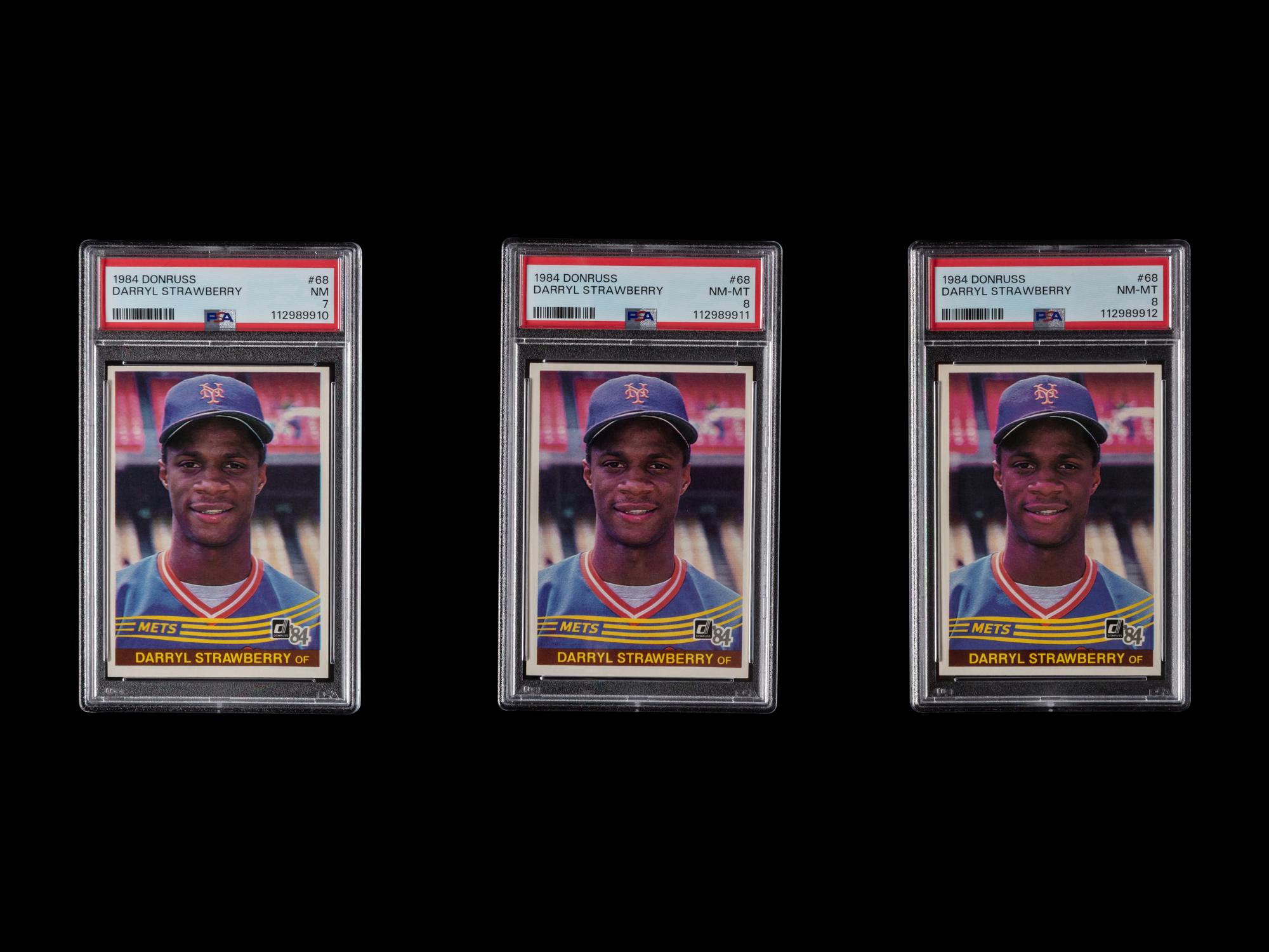 A Group of Three PSA Graded 1984 Donruss Darryl Strawberry Rookie Baseball Cards No. 68 (PSA 8, PSA 7)