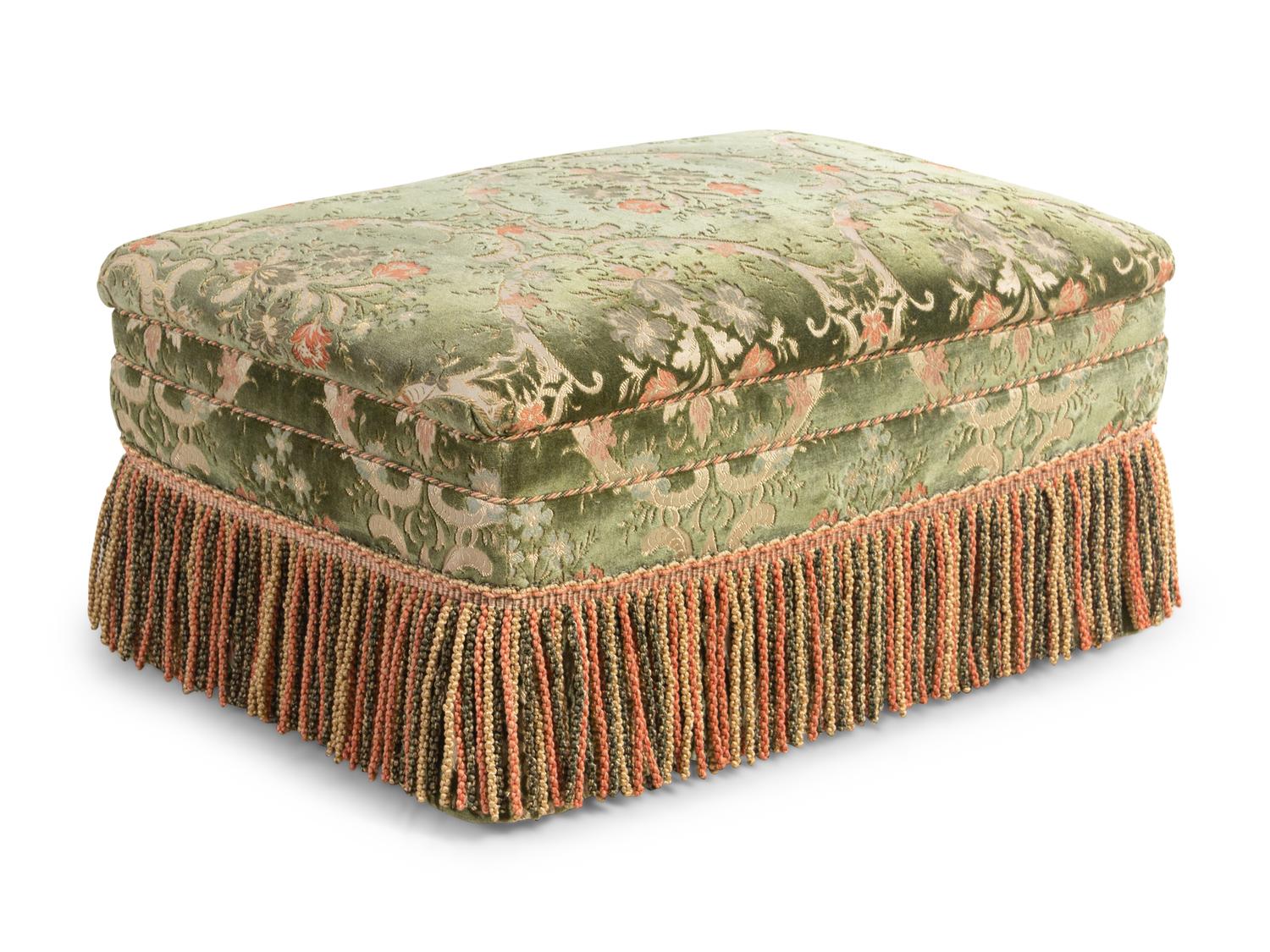 A Green Silk Cut Velvet Upholstered Armchair and Ottoman