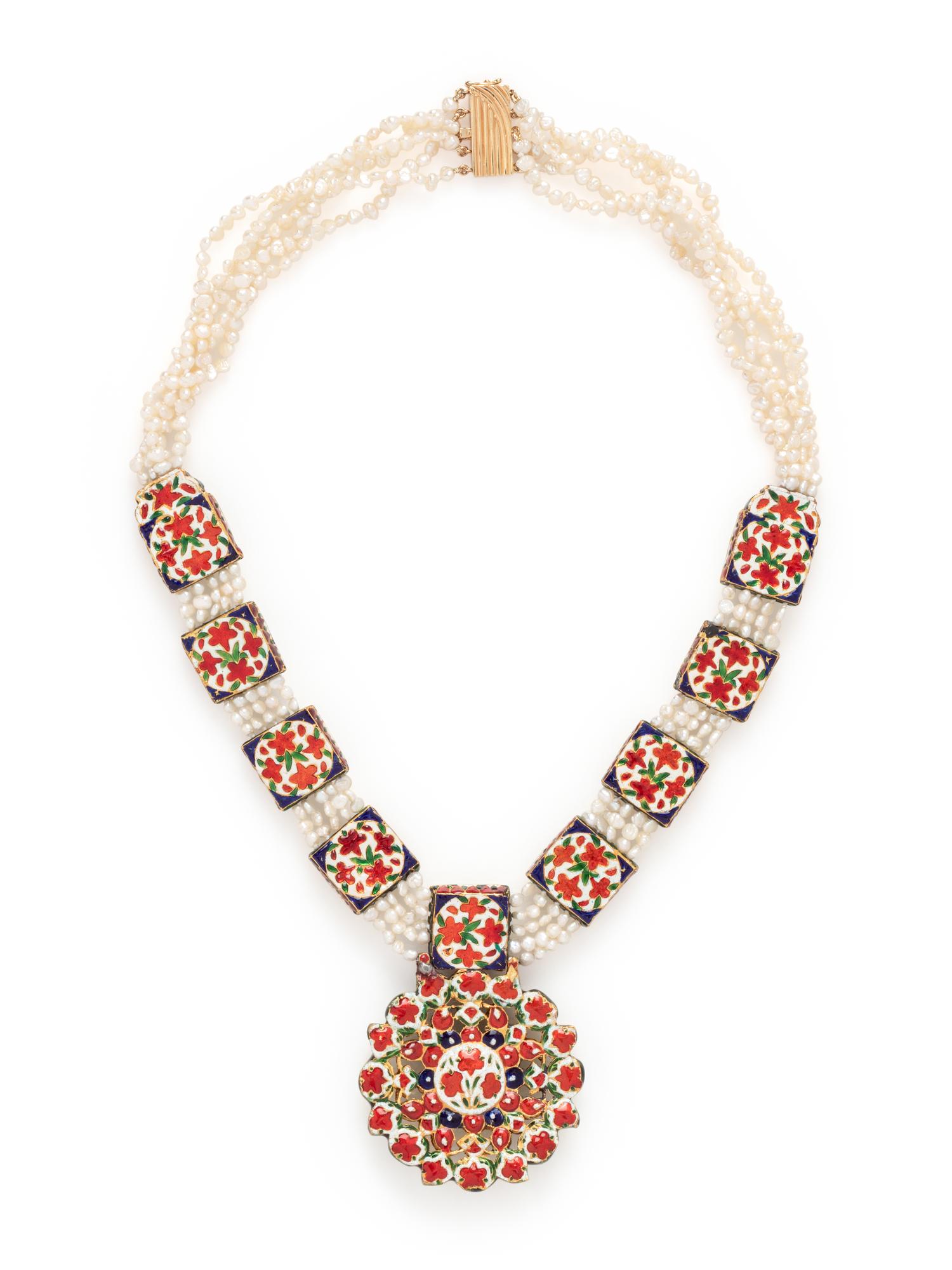 CULTURED PEARL, TURQUOISE AND ENAMEL NECKLACE