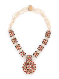 CULTURED PEARL, TURQUOISE AND ENAMEL NECKLACE