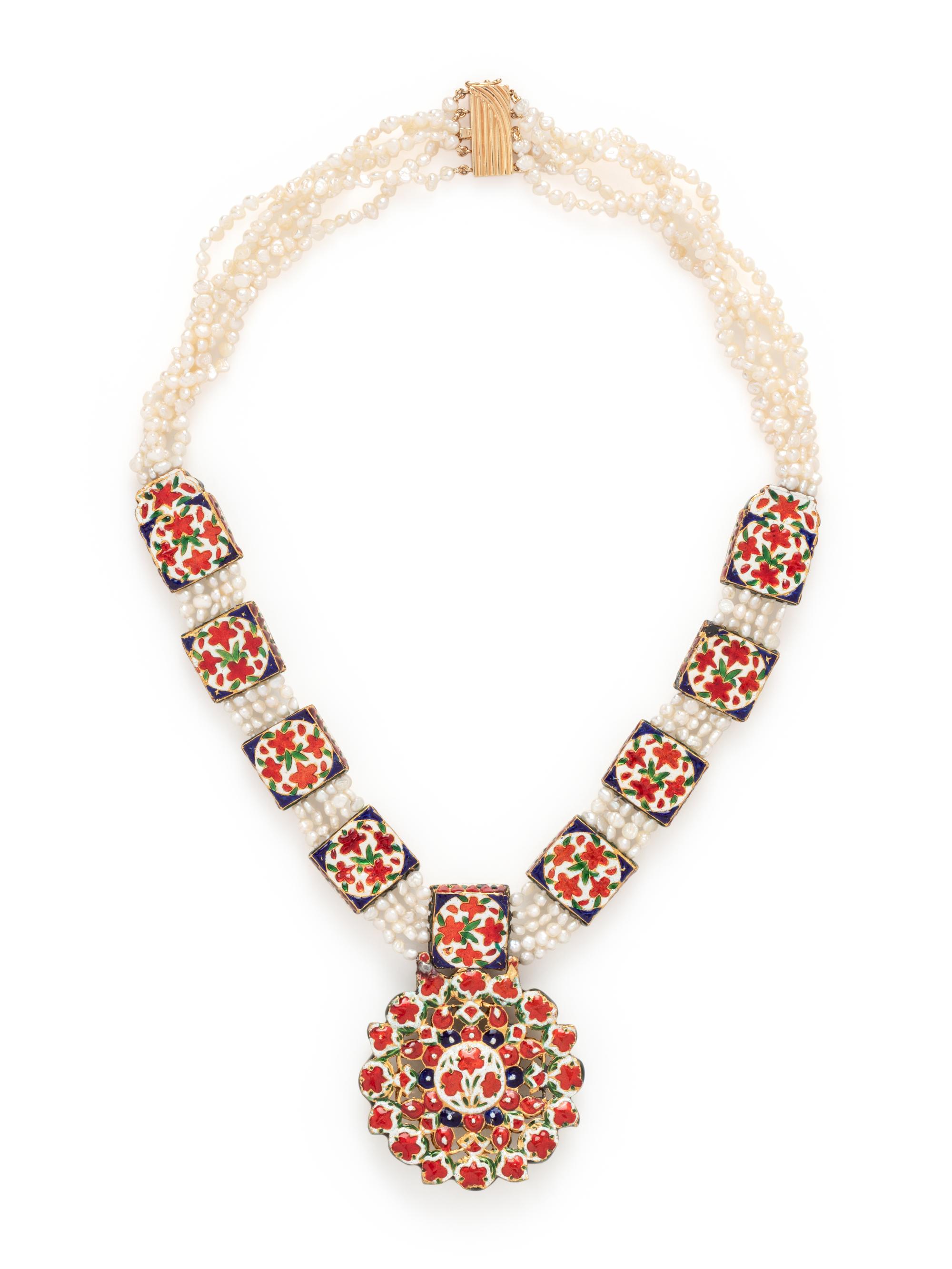CULTURED PEARL, TURQUOISE AND ENAMEL NECKLACE