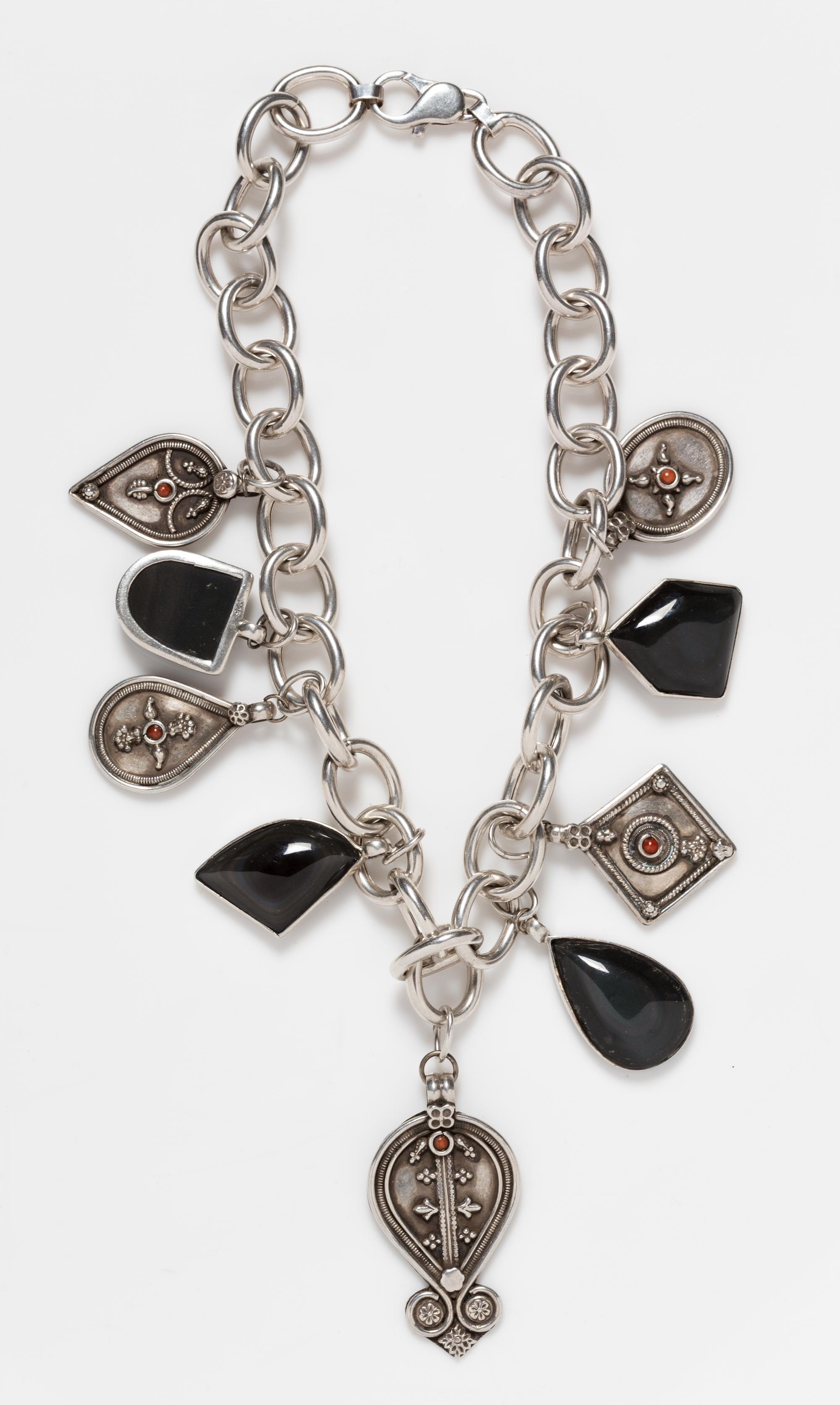 A Sterling Silver, Hardstone and Coral Charm Necklace, MILOR, 124.00 dwts.