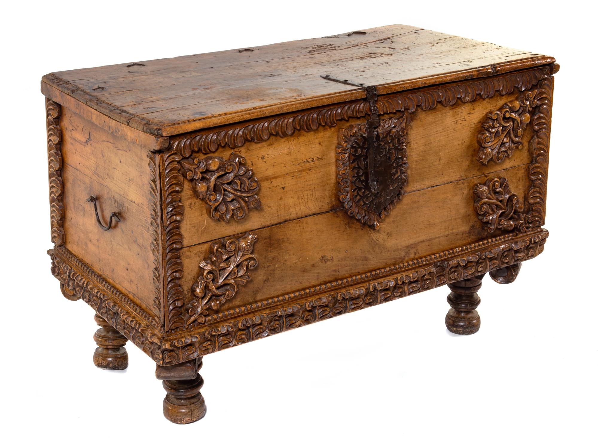 A Spanish Colonial Iron Mounted Trunk Height 31 x width 45 x depth 22 inches. — 18TH CENTURY