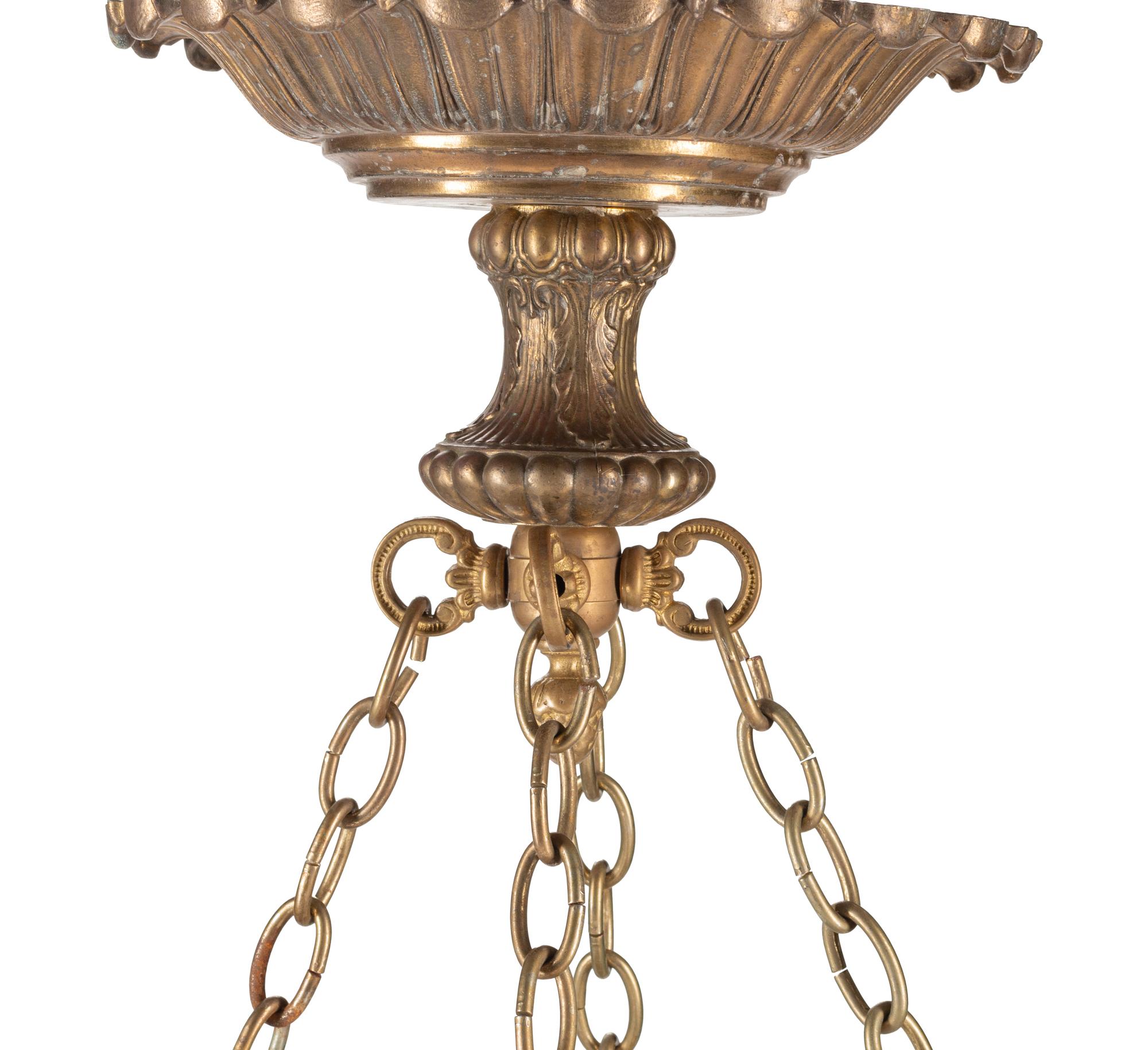 A Pair of American Neoclassical Gilt Bronze and Slag Glass Ceiling Fixtures