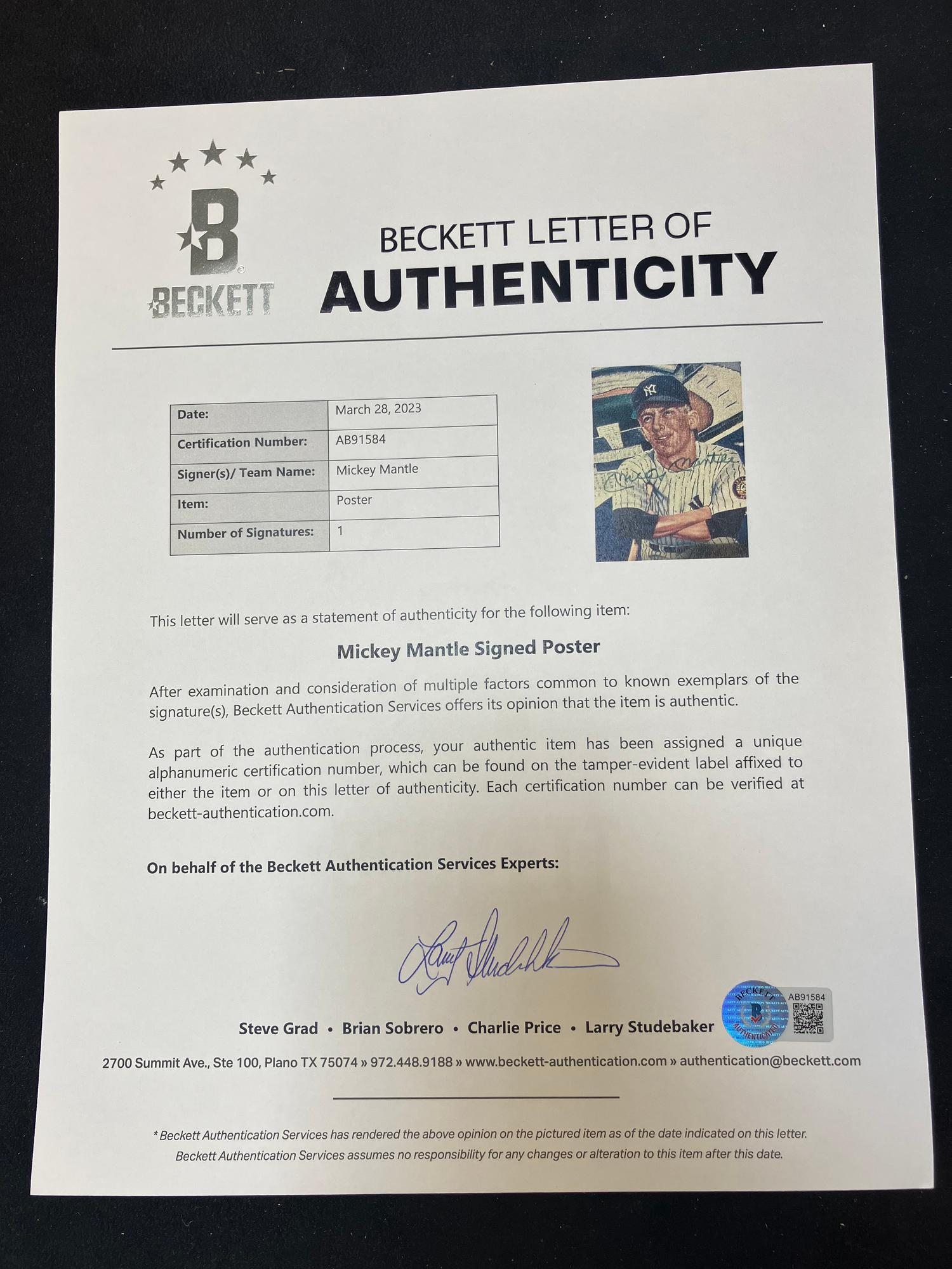 A Mickey Mantle Signed Autograph Statistics Display (Beckett Authentication Services Letter),