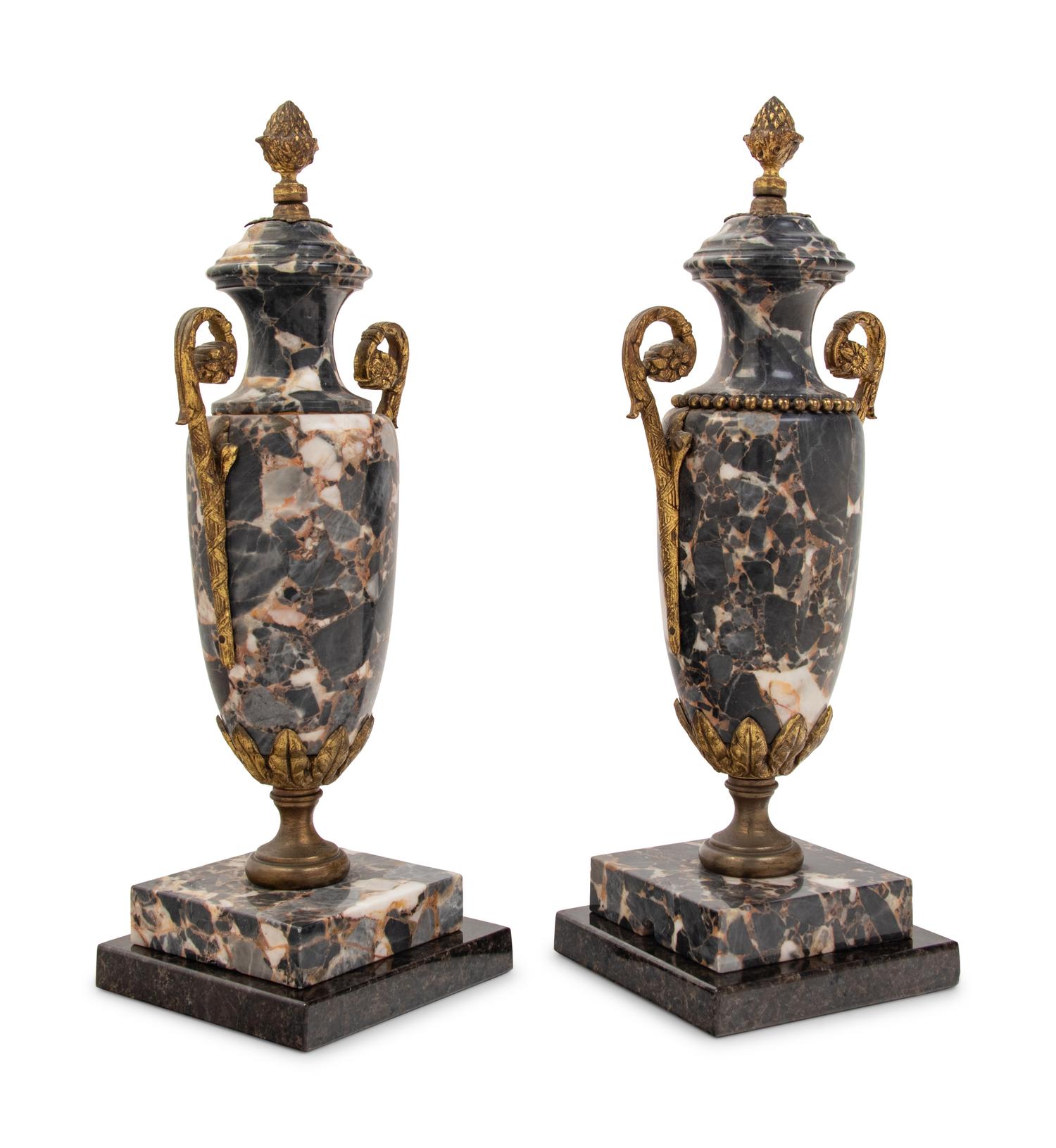 A Pair of Continental Gilt Metal Mounted Marble Urn Ornaments