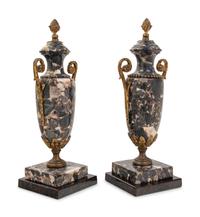 A Pair of Continental Gilt Metal Mounted Marble Urn Ornaments