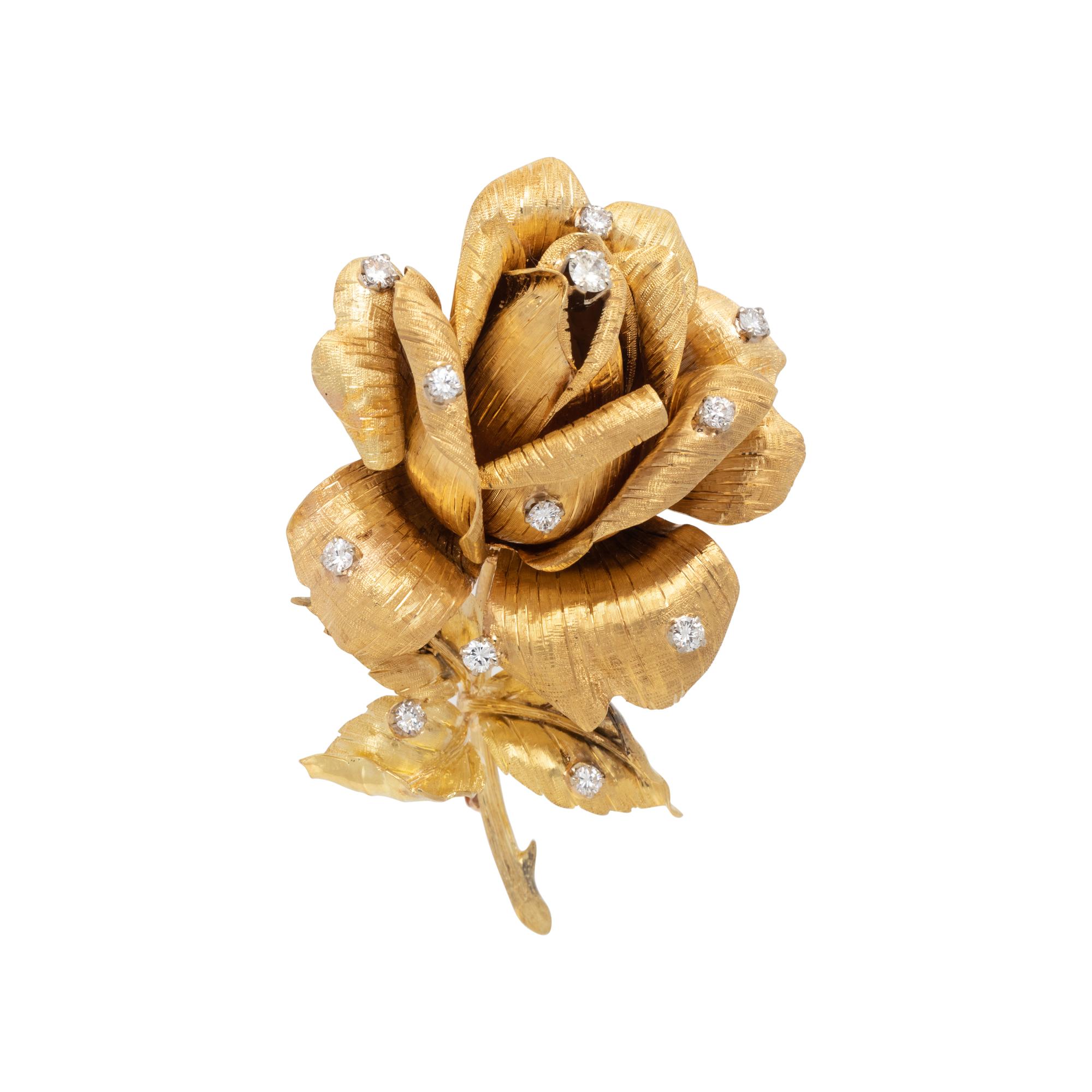 YELLOW GOLD AND DIAMOND ROSE BROOCH