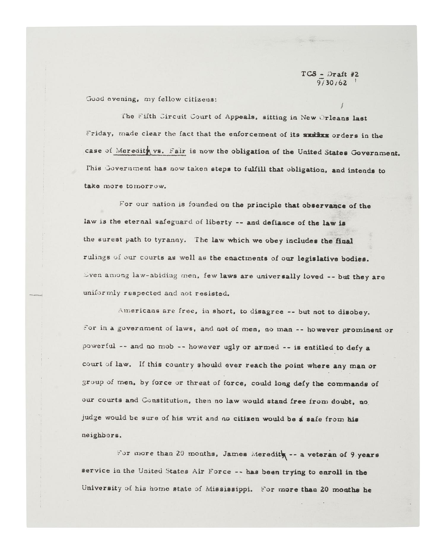 [CIVIL RIGHTS]. MEREDITH, James H. (b. 1933). Signed copy of typed document providing a summary of events related to the James Meredith case in Oxford, Mississippi.