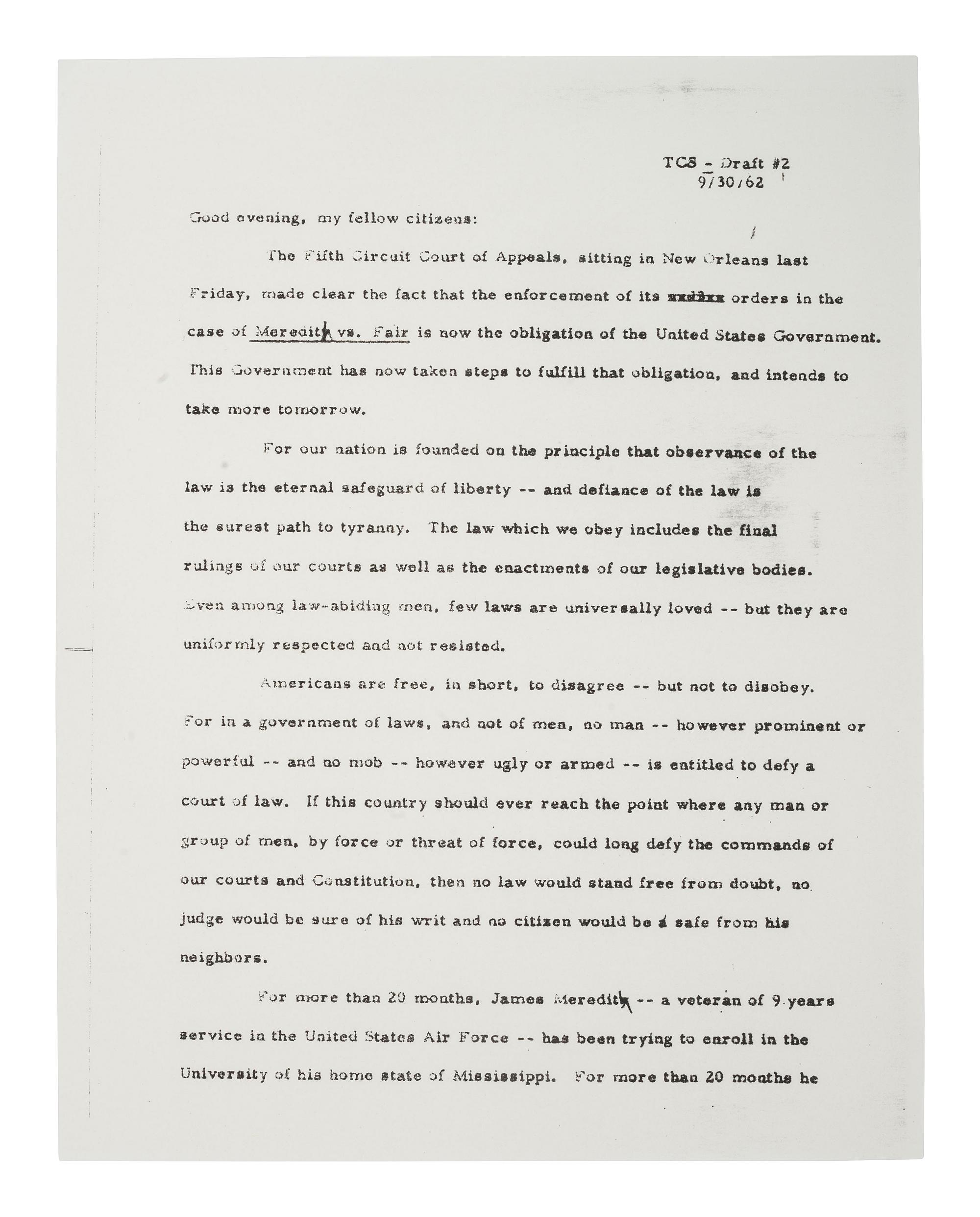 [CIVIL RIGHTS]. MEREDITH, James H. (b. 1933). Signed copy of typed document providing a summary of events related to the James Meredith case in Oxford, Mississippi.