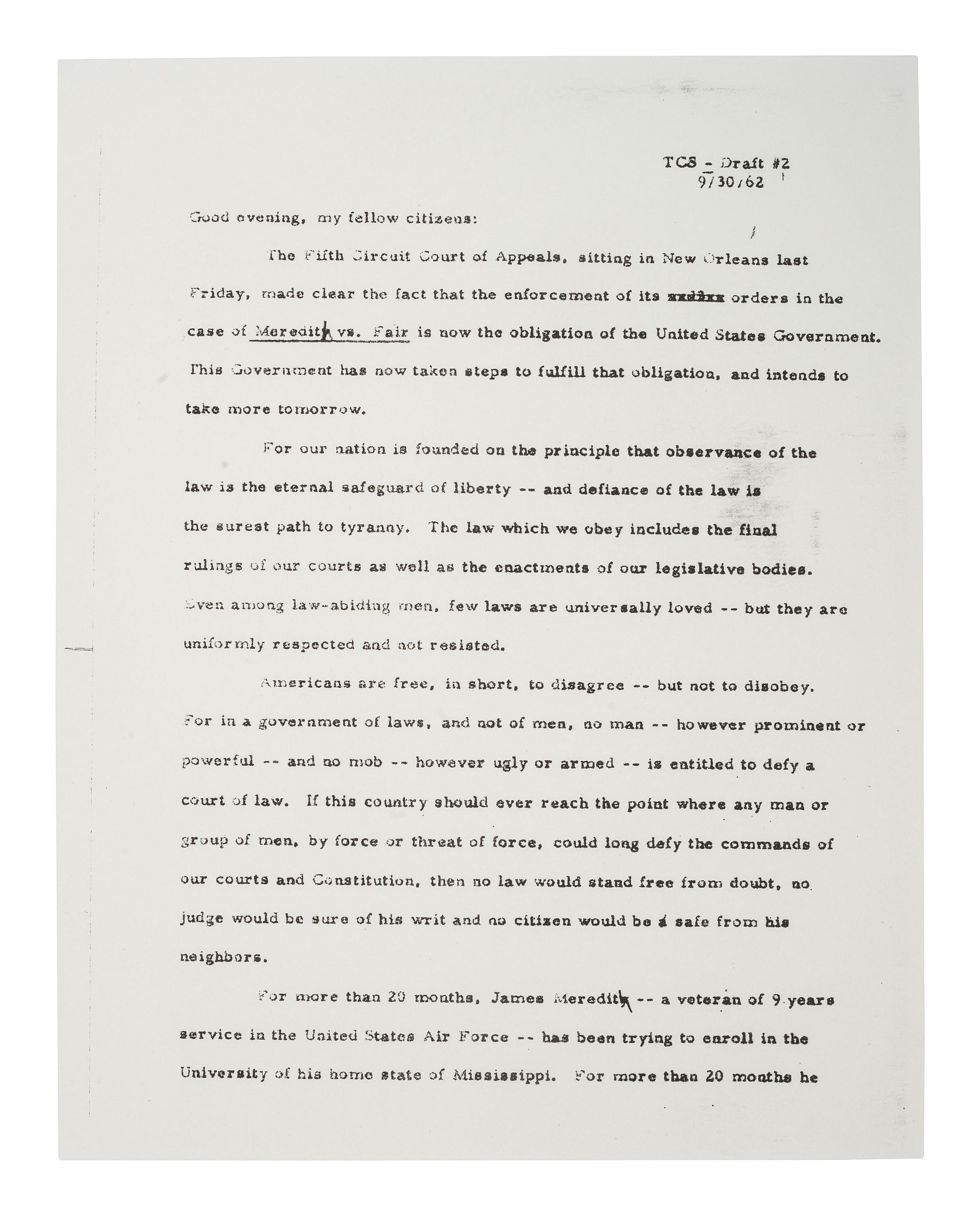 [CIVIL RIGHTS]. MEREDITH, James H. (b. 1933). Signed copy of typed document providing a summary of events related to the James Meredith case in Oxford, Mississippi.