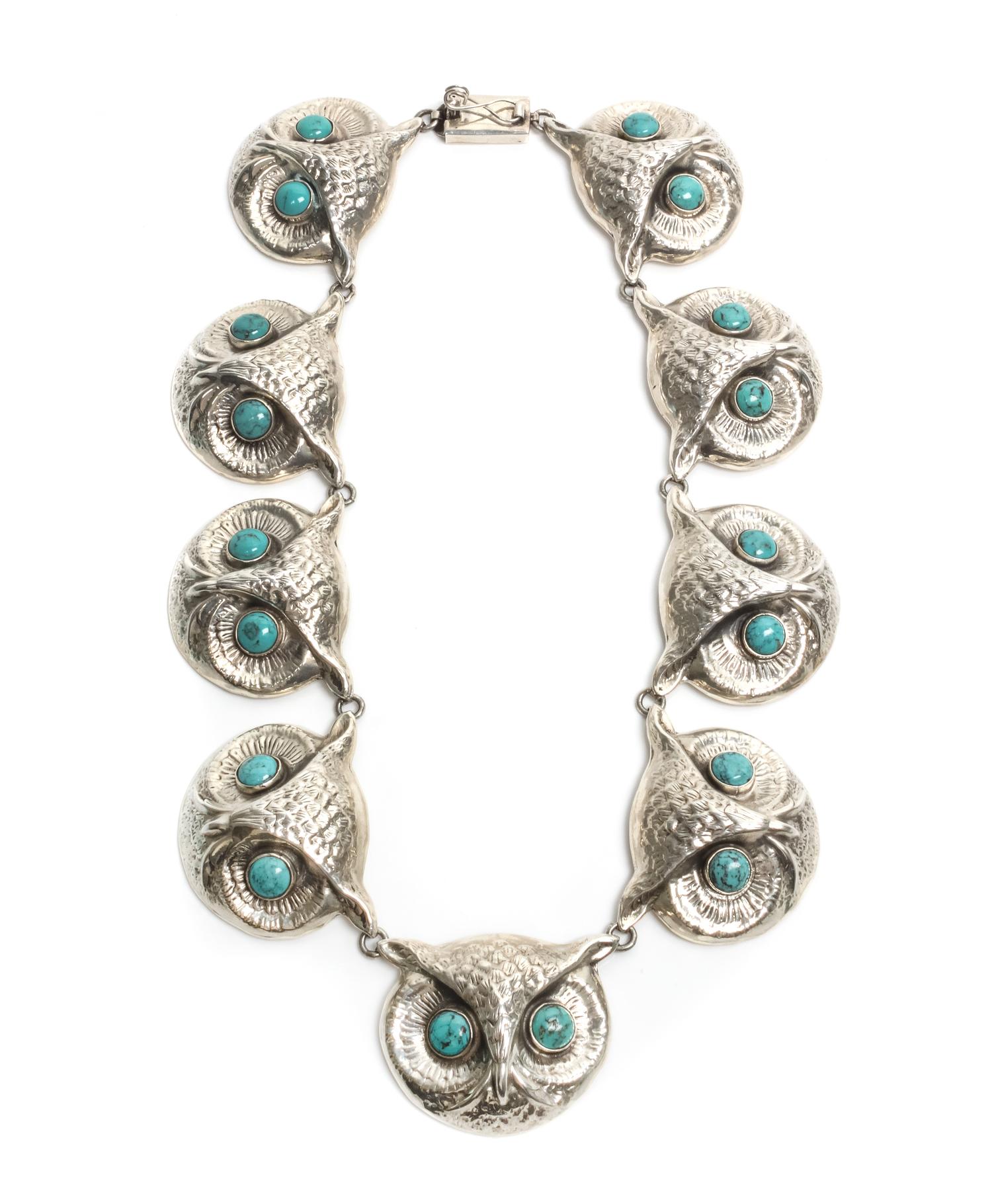 A Mexican Silver and Turquoise Owl Necklace, Federico Jimenez (b. 1941) Length 17 1/2 inches.