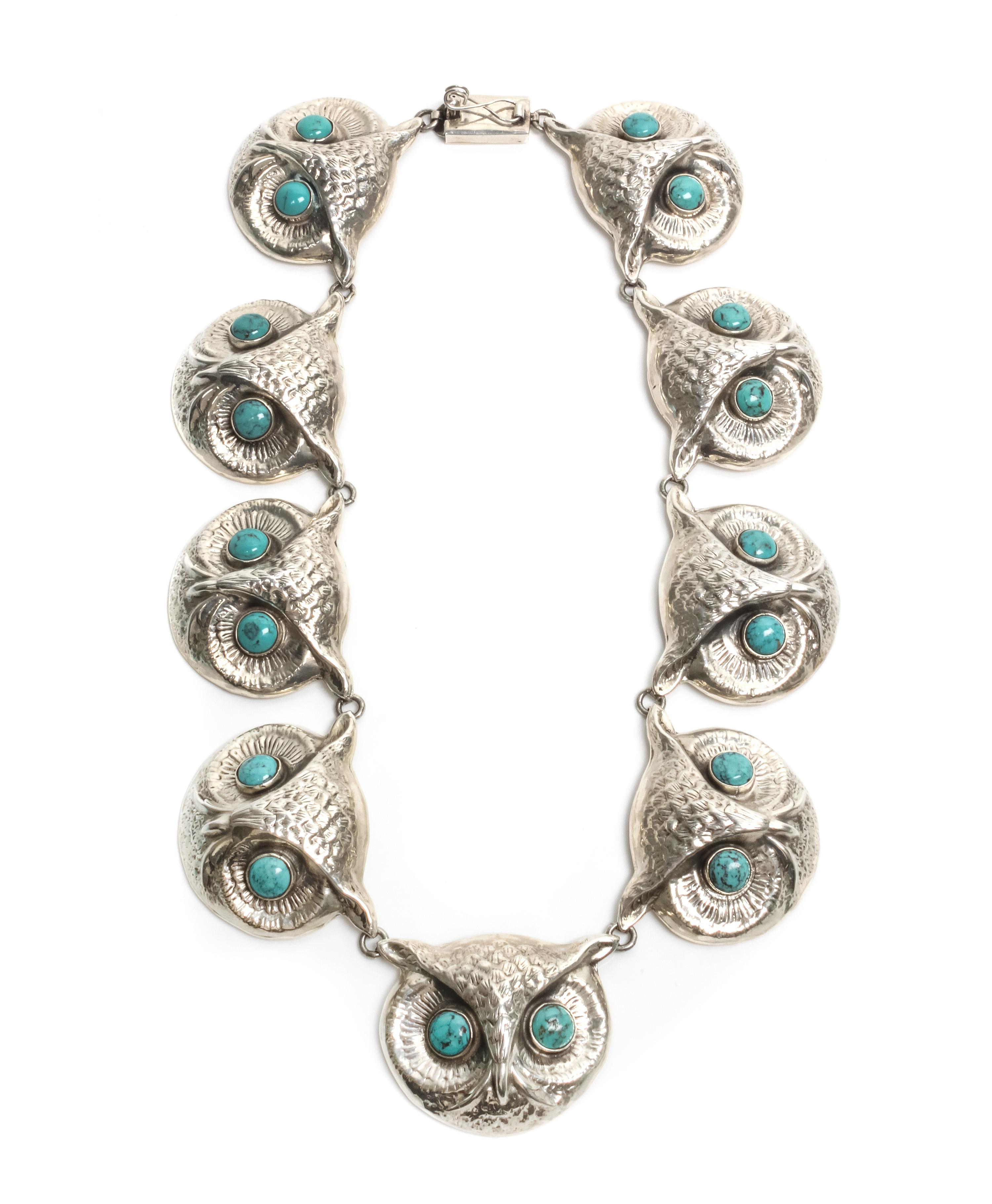 A Mexican Silver and Turquoise Owl Necklace, Federico Jimenez (b. 1941) Length 17 1/2 inches.
