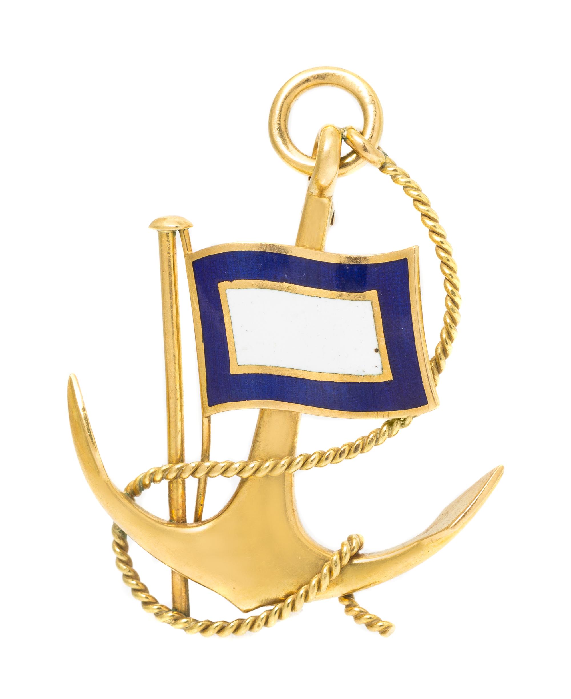 An 18 Karat Yellow Gold and Polychrome Enamel Anchor and Nautical Flag Brooch, Hermes, 8.80 dwts.