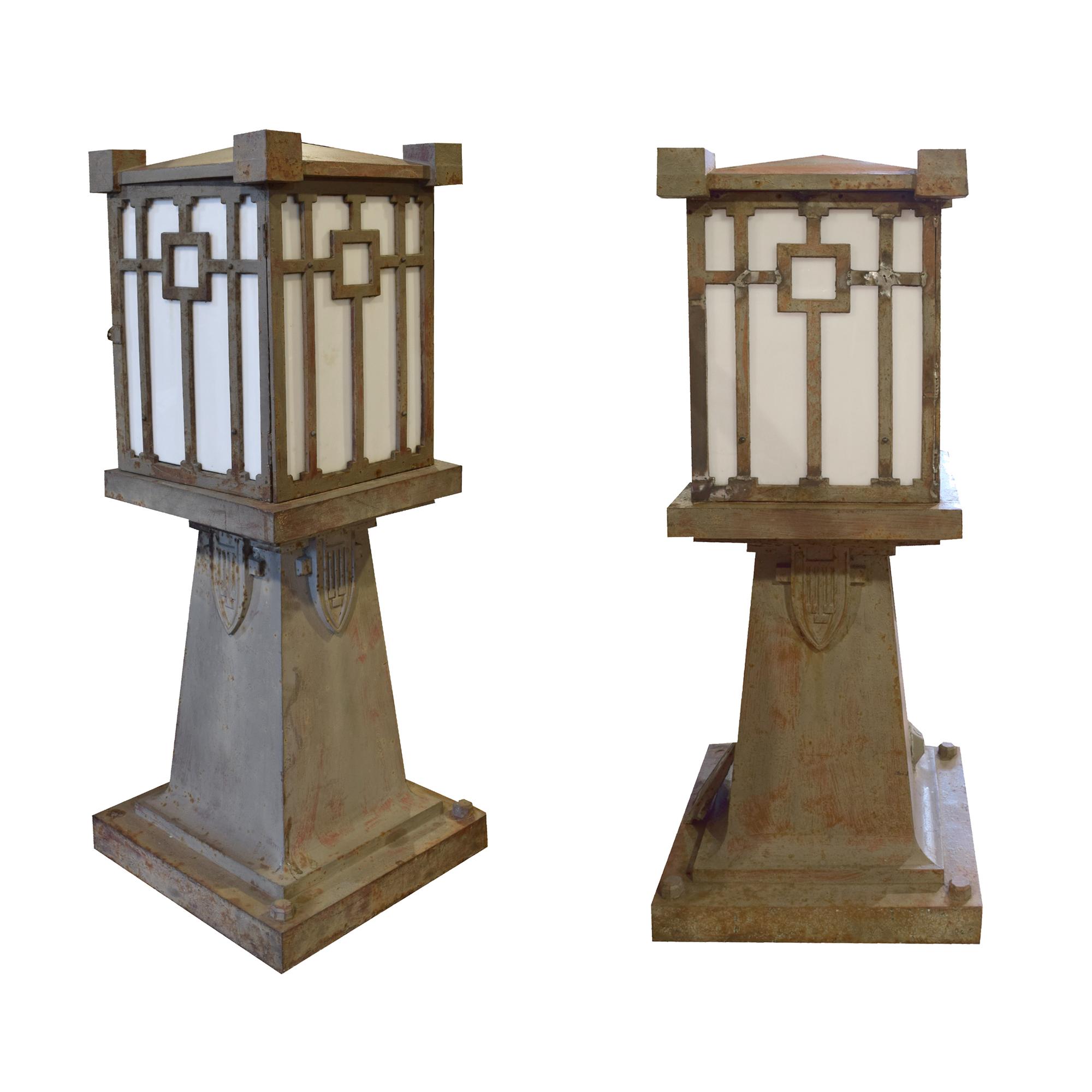 A Pair of Prairie School Cast Iron Bridge Lights 22" W X 22" D X 54.5" H — United States, Circa 1900