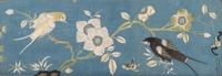 A Pair of Chinese Blue Ground Embroidered Silk 'Bird' Panels
