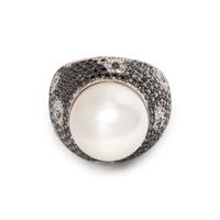 CULTURED SOUTH SEA PEARL, BLACK DIAMOND AND DIAMOND RING