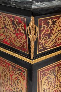 A Pair of Louis XIV Style Gilt Bronze Mounted Boulle Marquetry Marble-Top Pedestals