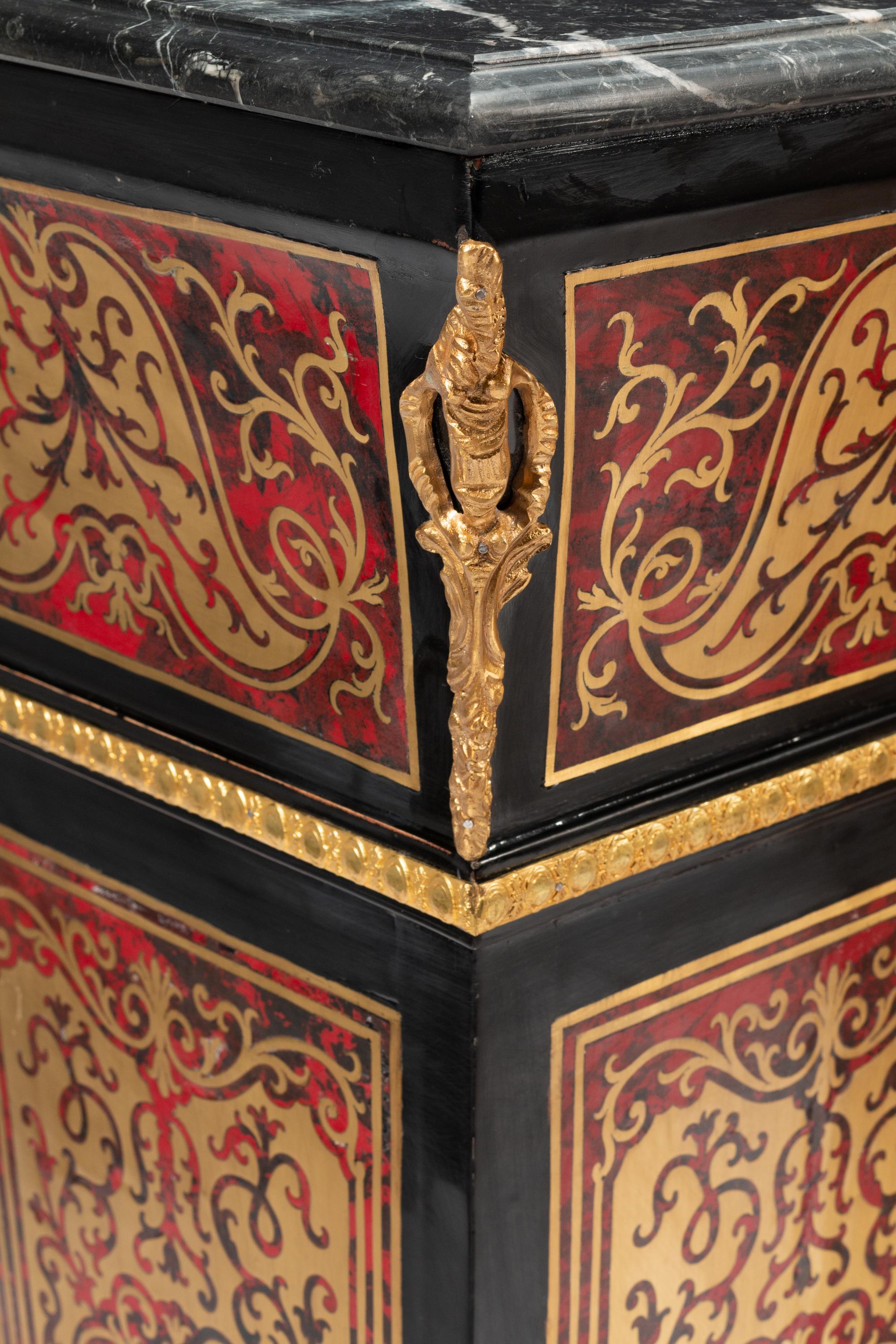 A Pair of Louis XIV Style Gilt Bronze Mounted Boulle Marquetry Marble-Top Pedestals