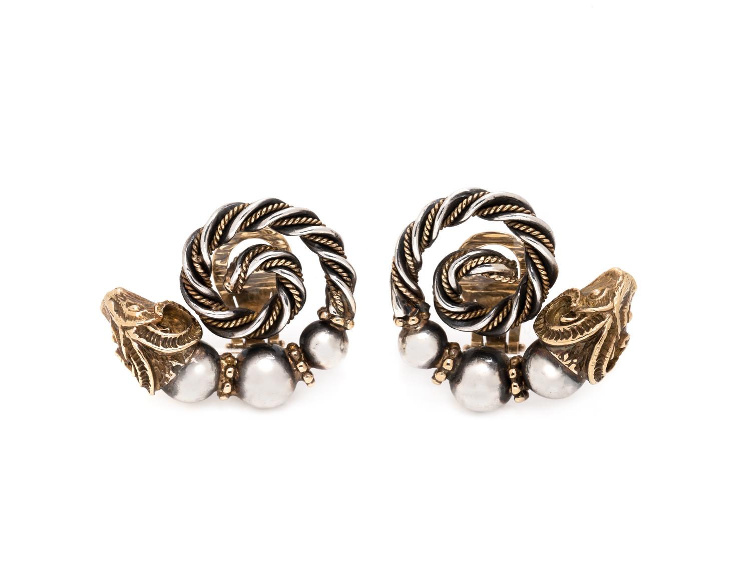 ZOLOTAS, SILVER AND YELLOW GOLD RAM'S HEAD EARCLIPS