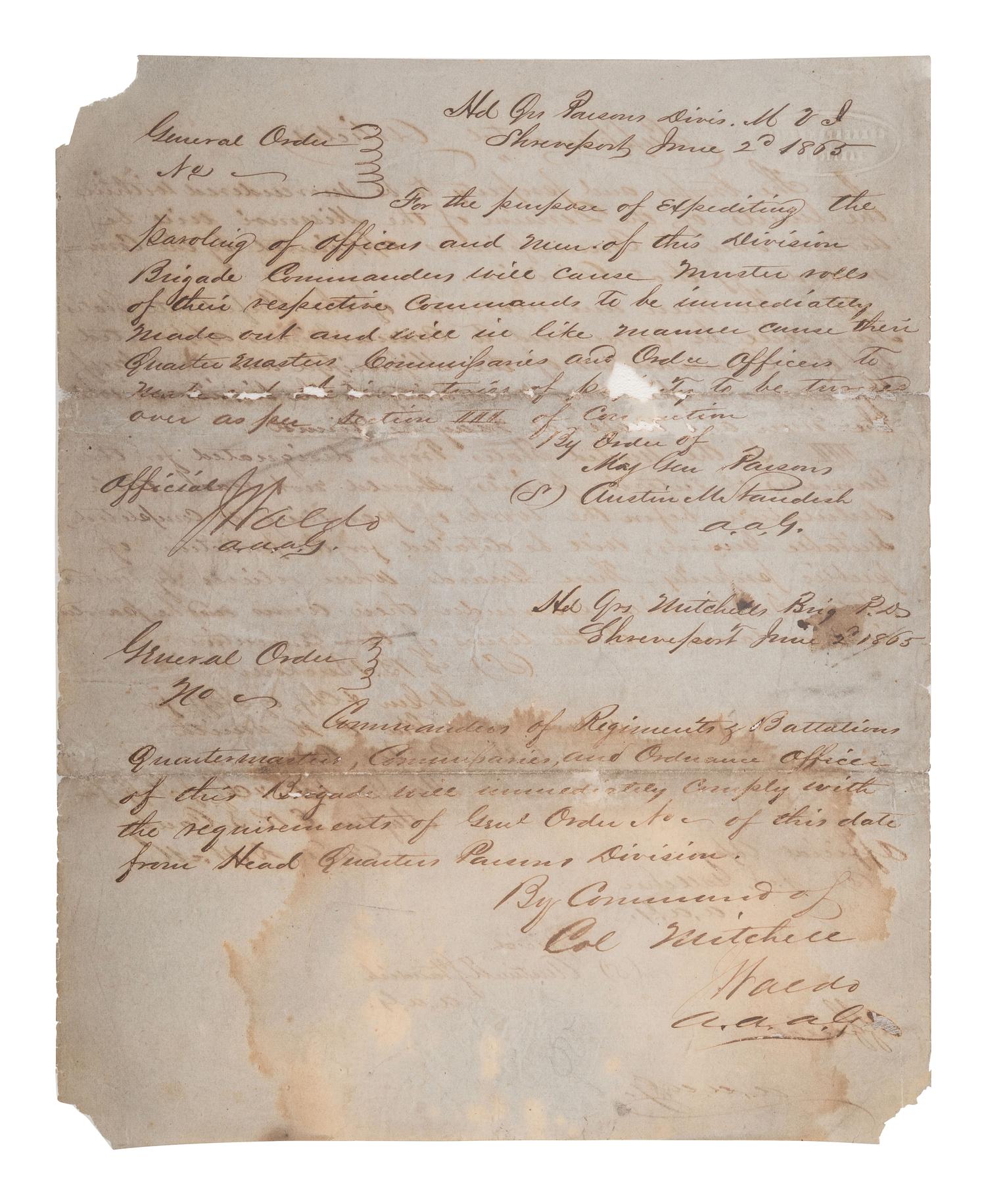 [CIVIL WAR]. CANBY, Major Gen. E.R.S. (1817-1873). Terms of Military Convention entered into this 26th day of May 1865 at New Orleans.... " Official Copy." New Orleans, LA. 26 May 1865.