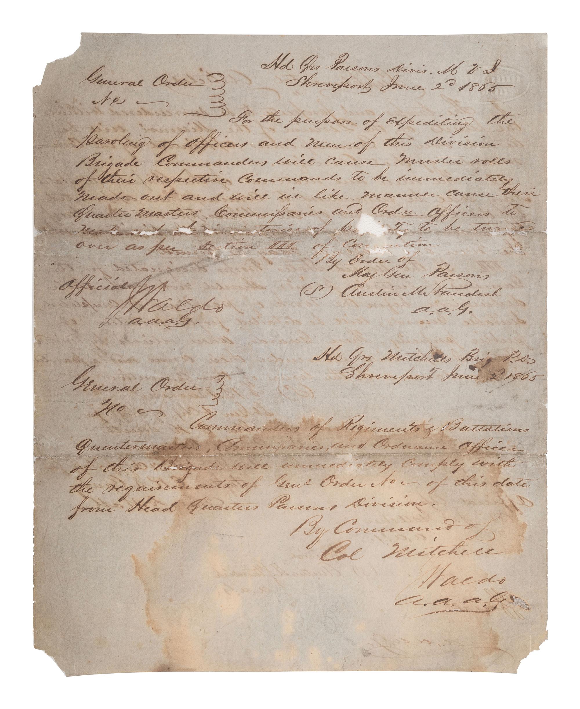 [CIVIL WAR]. CANBY, Major Gen. E.R.S. (1817-1873). Terms of Military Convention entered into this 26th day of May 1865 at New Orleans.... " Official Copy." New Orleans, LA. 26 May 1865.