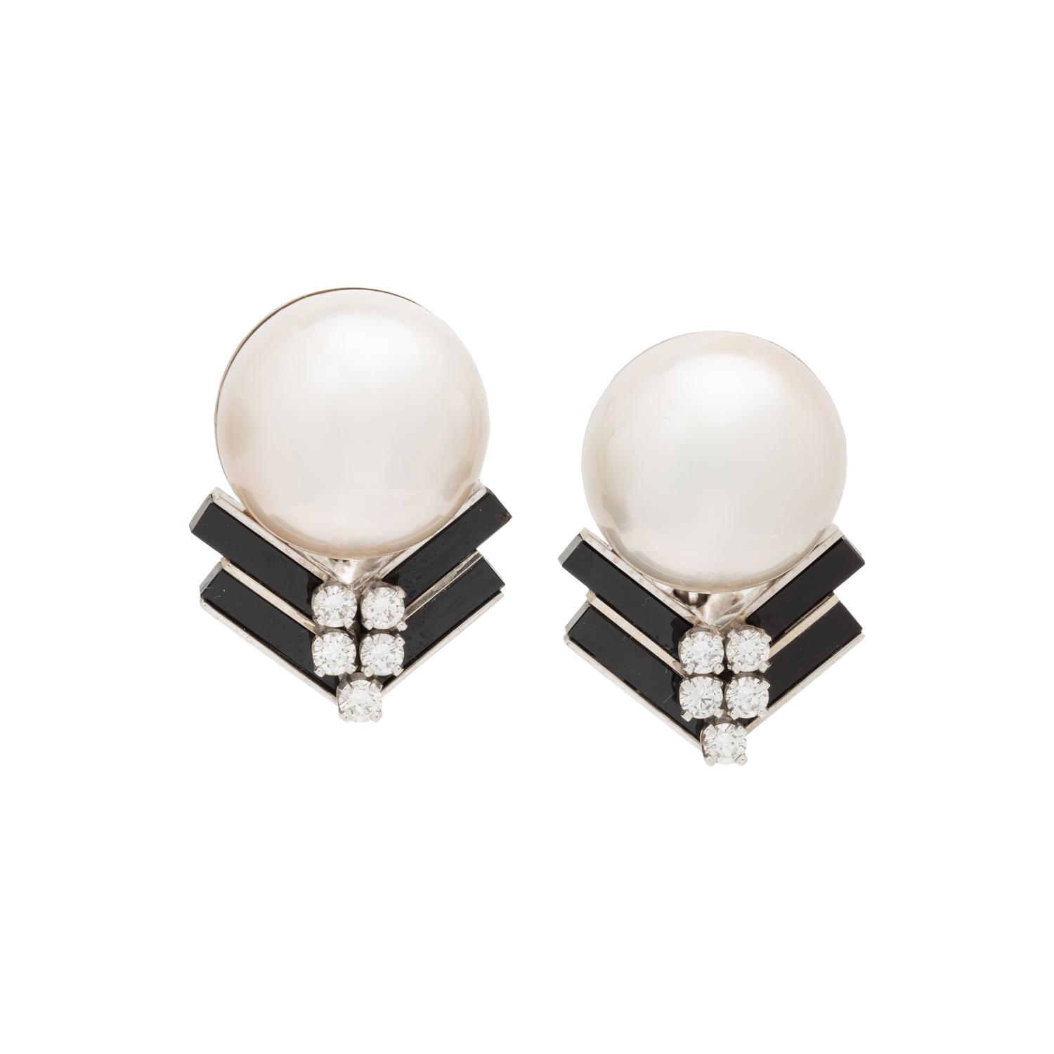 EMIS BEROS, CULTURED MABE PEARL, DIAMOND AND ONYX CLIP EARRINGS